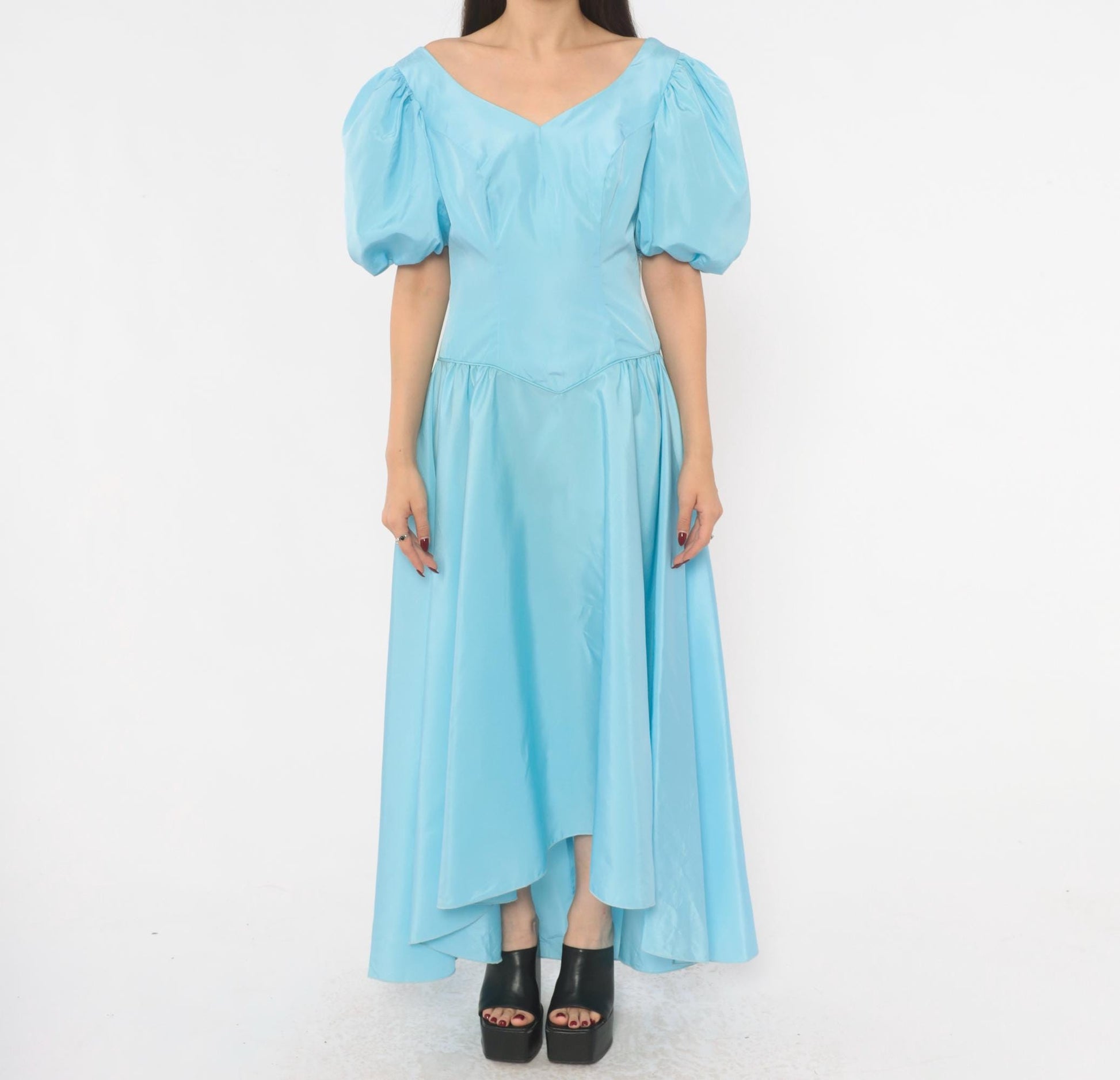 80s Sky Blue Puff Sleeve Gown Sweetheart Neckline Bow Back Maxi Medium M