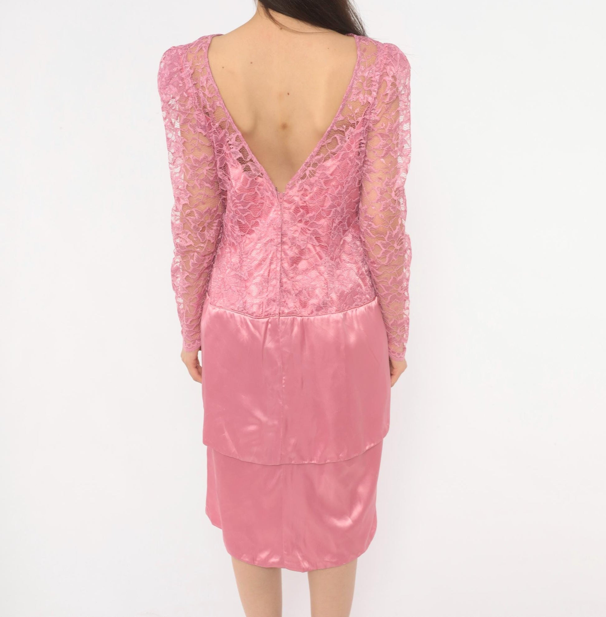 80s Pink Lace Satin Dress Puff Sleeve Bow Tiered Tulip Skirt Large L