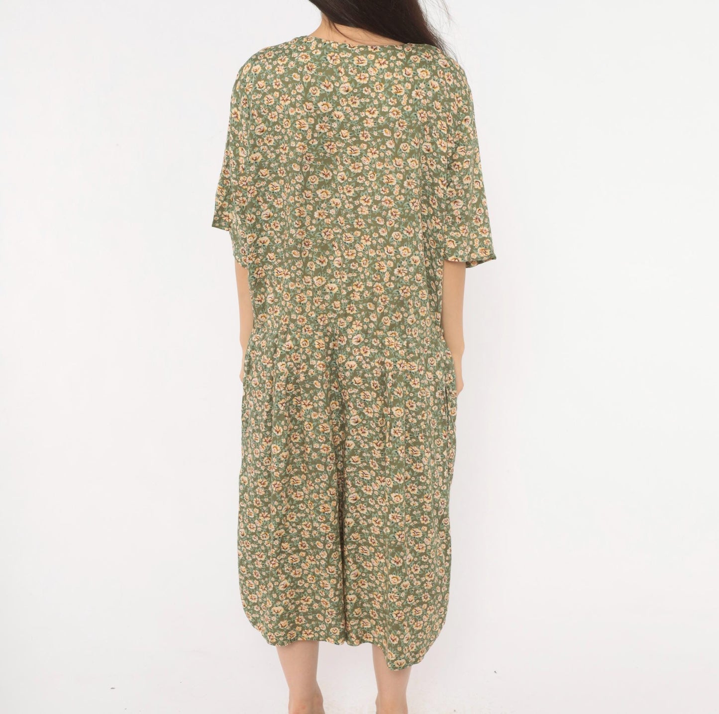 90s Westport Ltd. Floral Midi Romper Button Front Calico Print Olive Cream Extra Large XXL