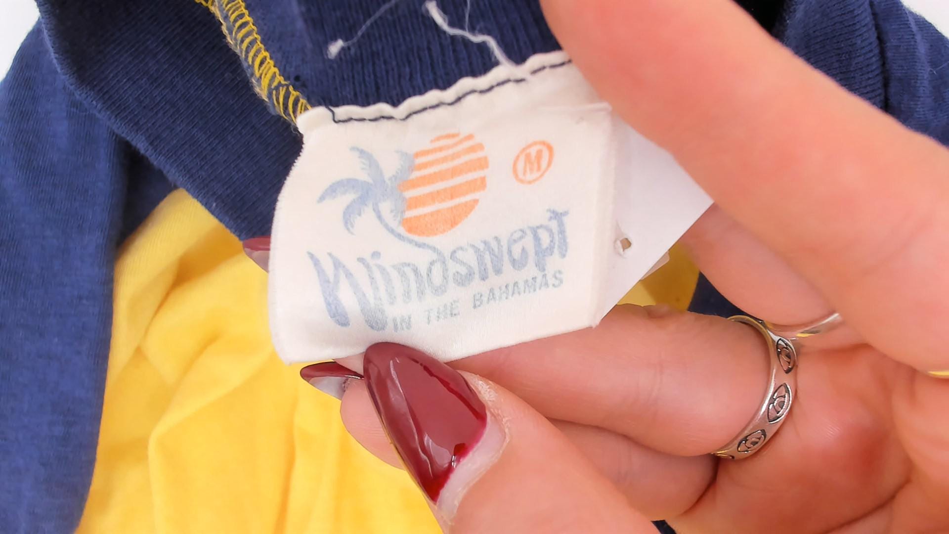 80s Windswept Bahamas Raglan Crop Top Yellow Navy Striped Small