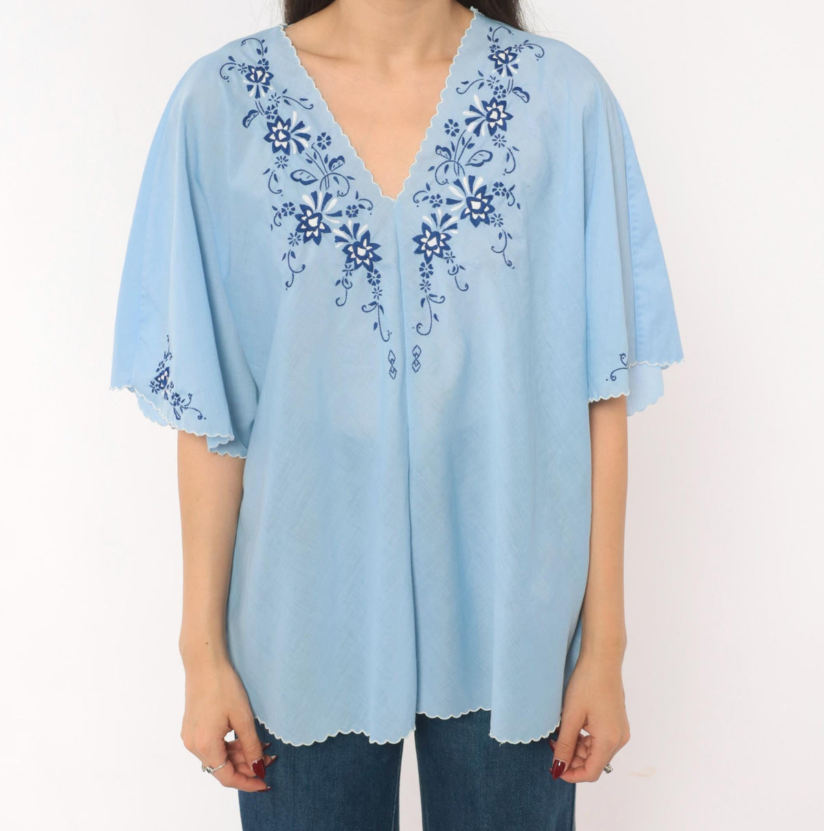 80s Sky Blue Cotton Peasant Blouse Embroidered Floral V Neck Flutter Sleeve Medium Large