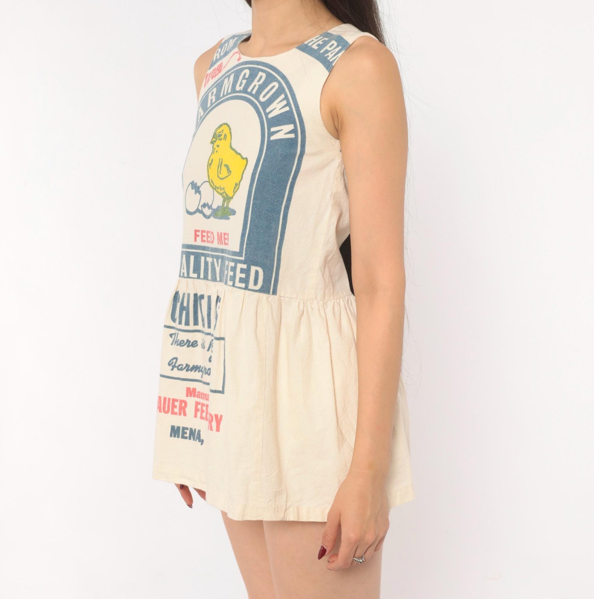 70s Chicken Feed Sack Mini Dress Cotton Cream Yellow Graphic XXS