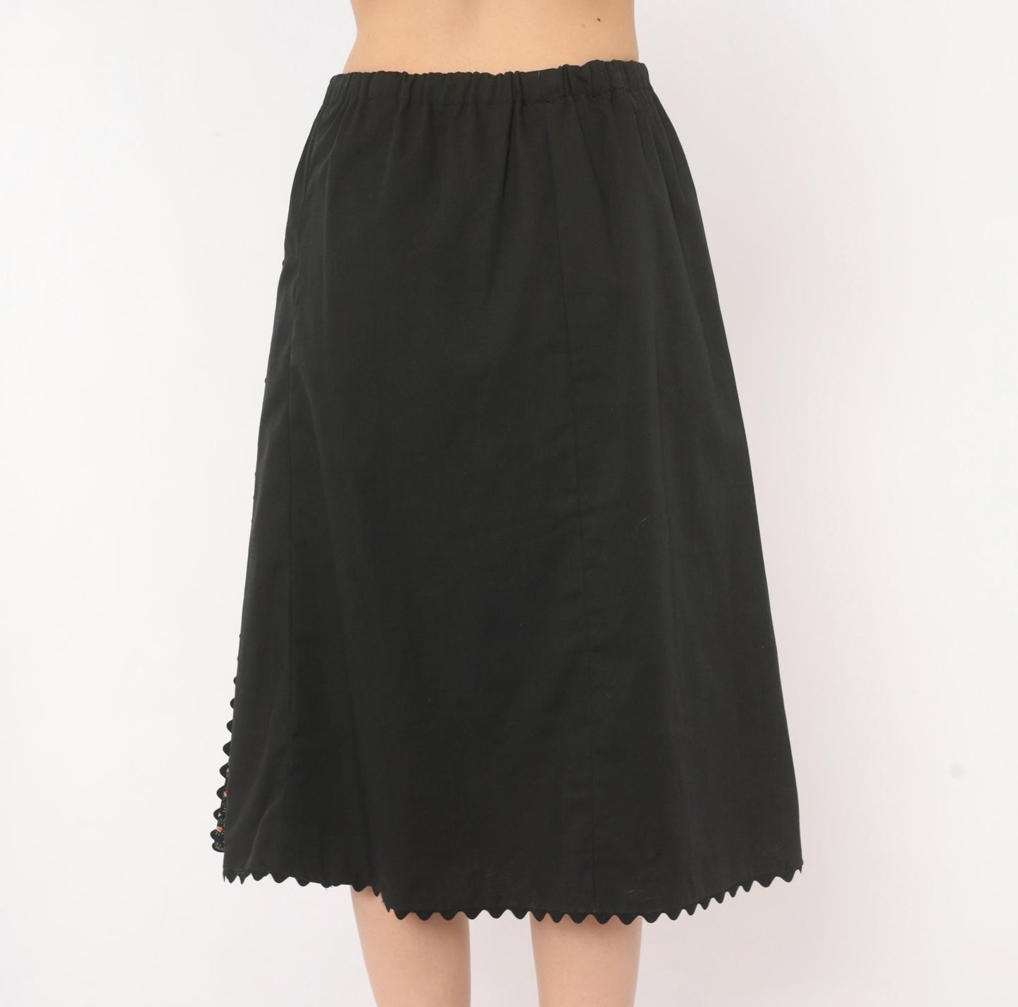 70s Black Floral Midi Skirt Tulip Pocket Patchwork A-Line Small