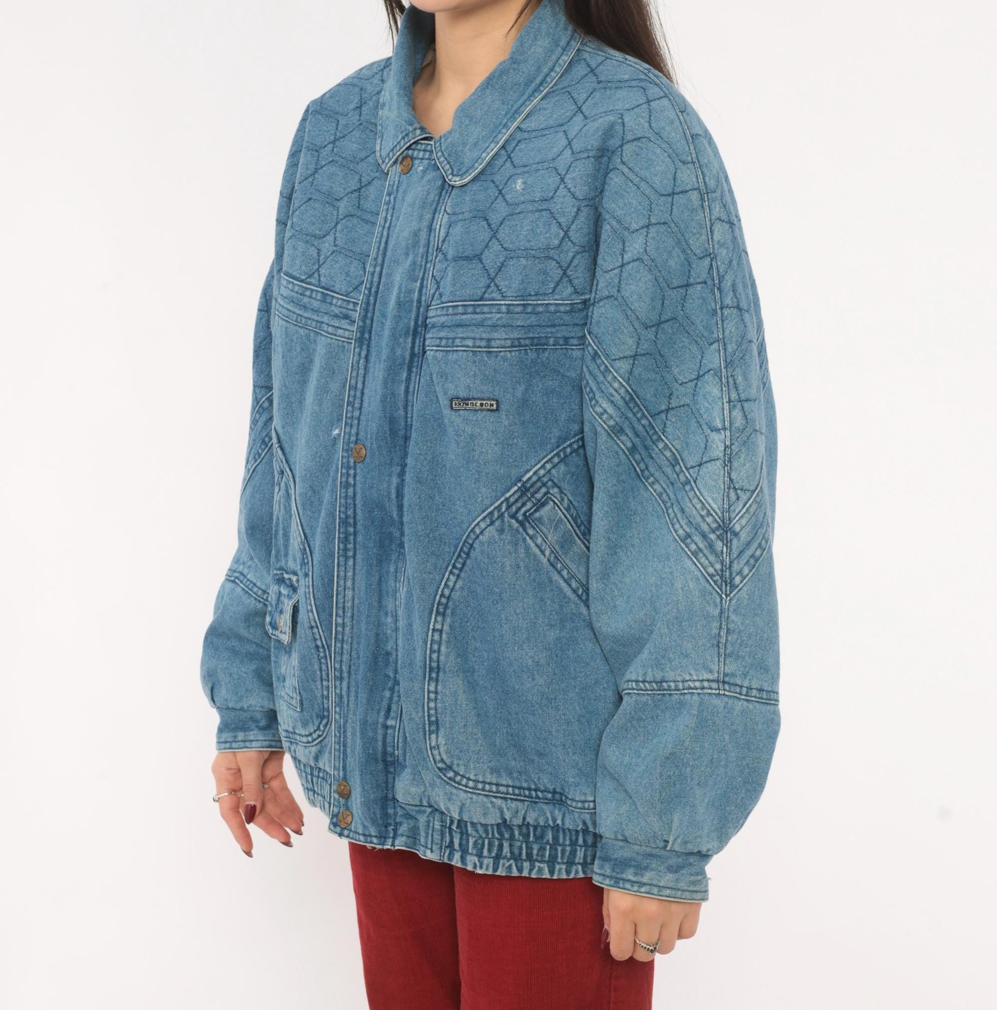 90s Kongloon Quilted Denim Bomber Sherpa Lined Jean Jacket Blue Large