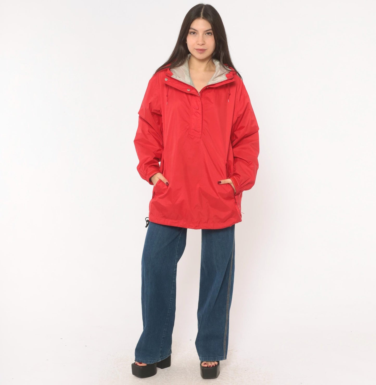 90s L.L.Bean Red Anorak Half-Zip Nylon Windbreaker Jacket Large L