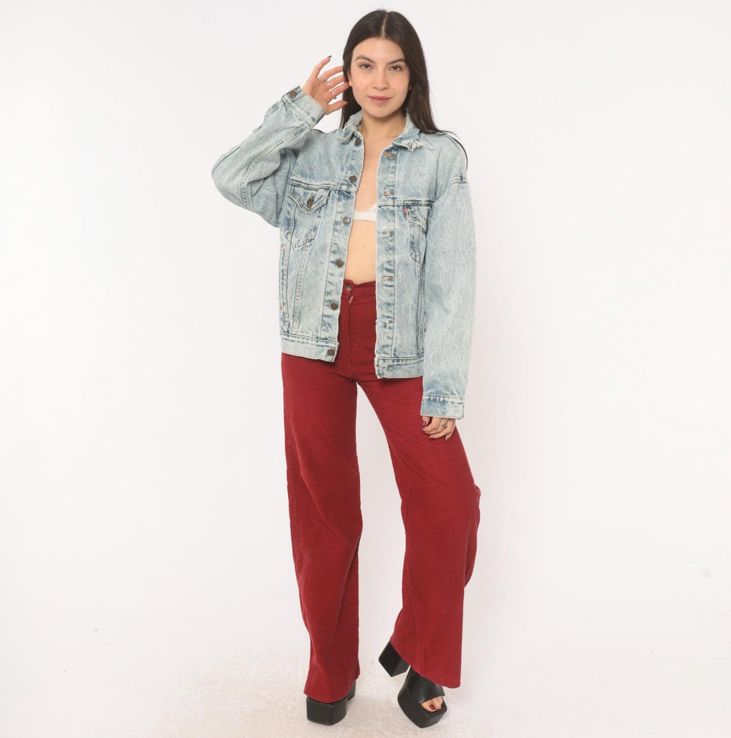 80s Levi's Acid Wash Denim Trucker Jacket Light Blue Distressed XS