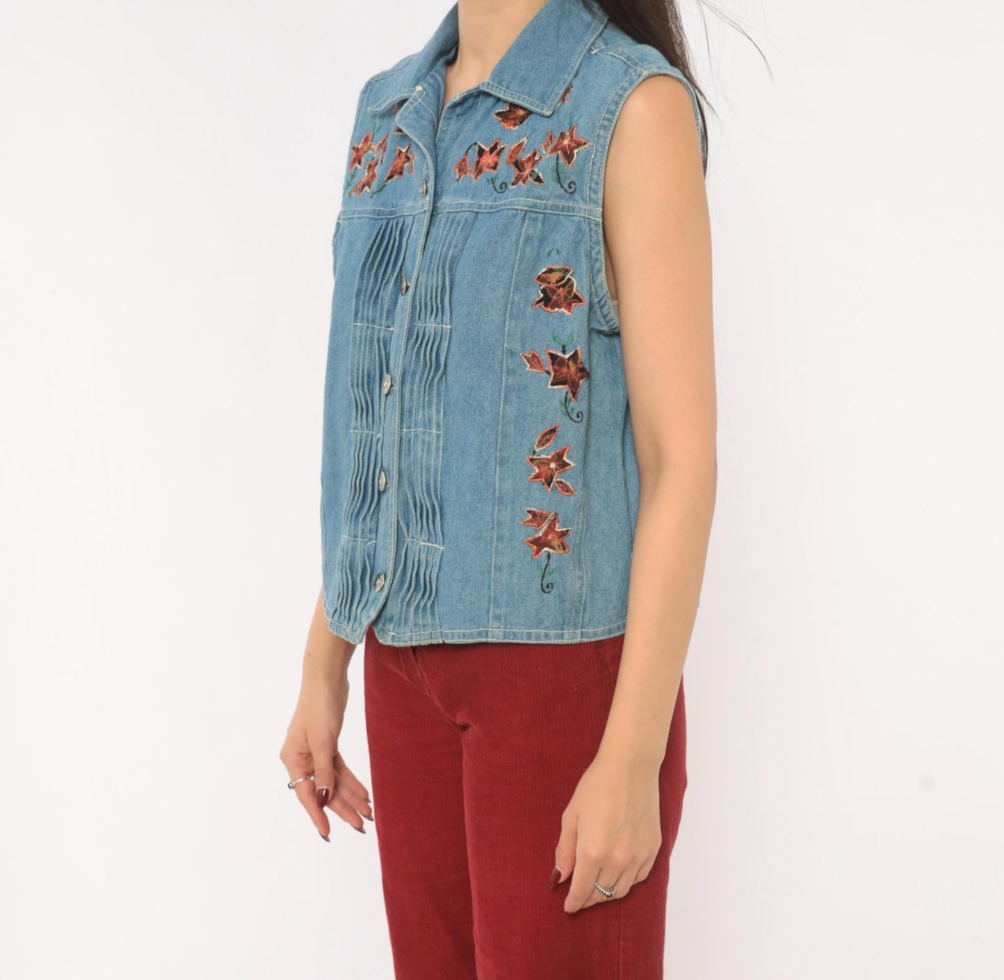 90s Spell Bound Leaf Embroidered Denim Vest Blue Chambray Pintuck Medium M
