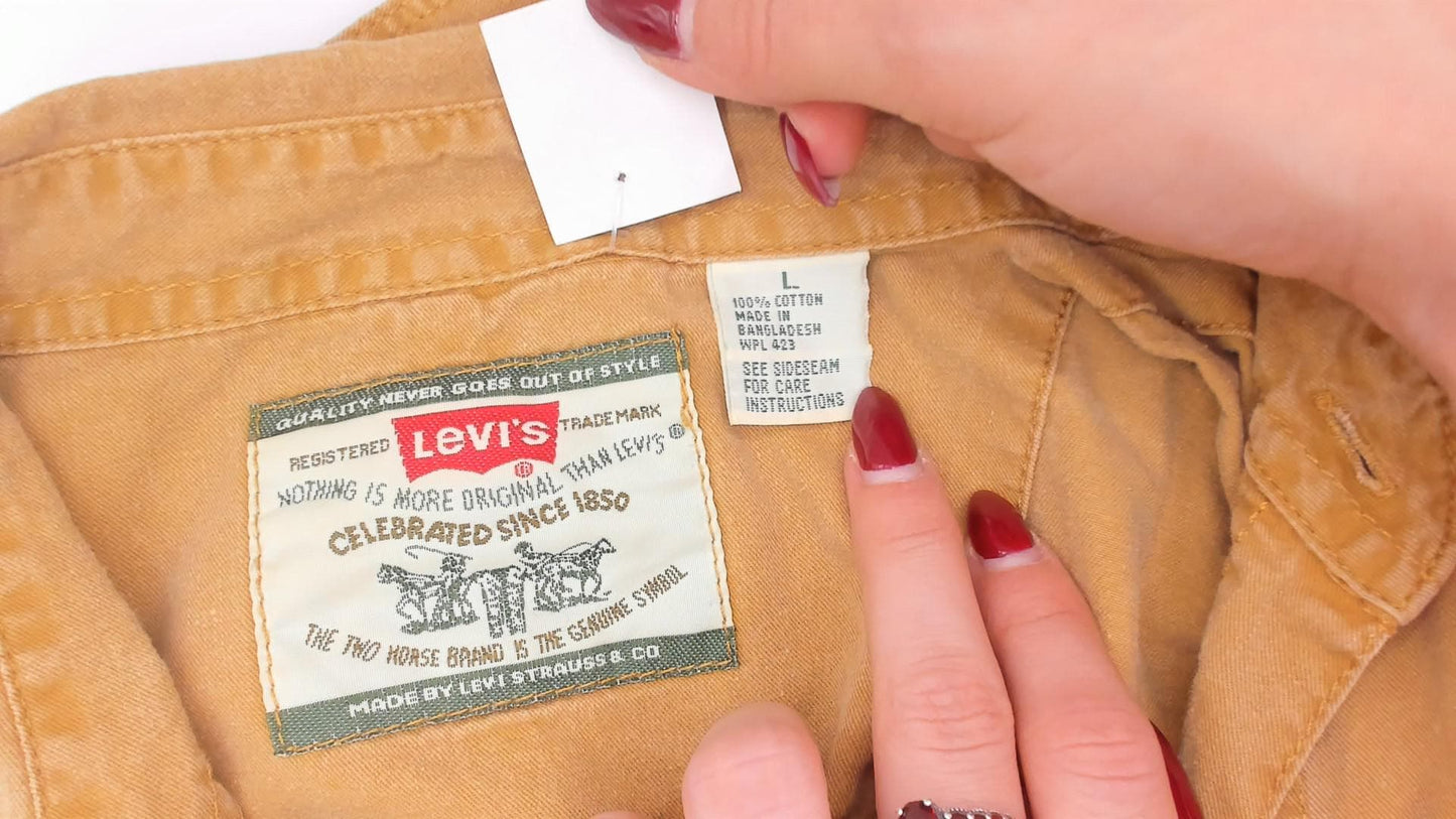 90s Levi's Mustard Cotton Button-Front Shirt Spread Collar Large L