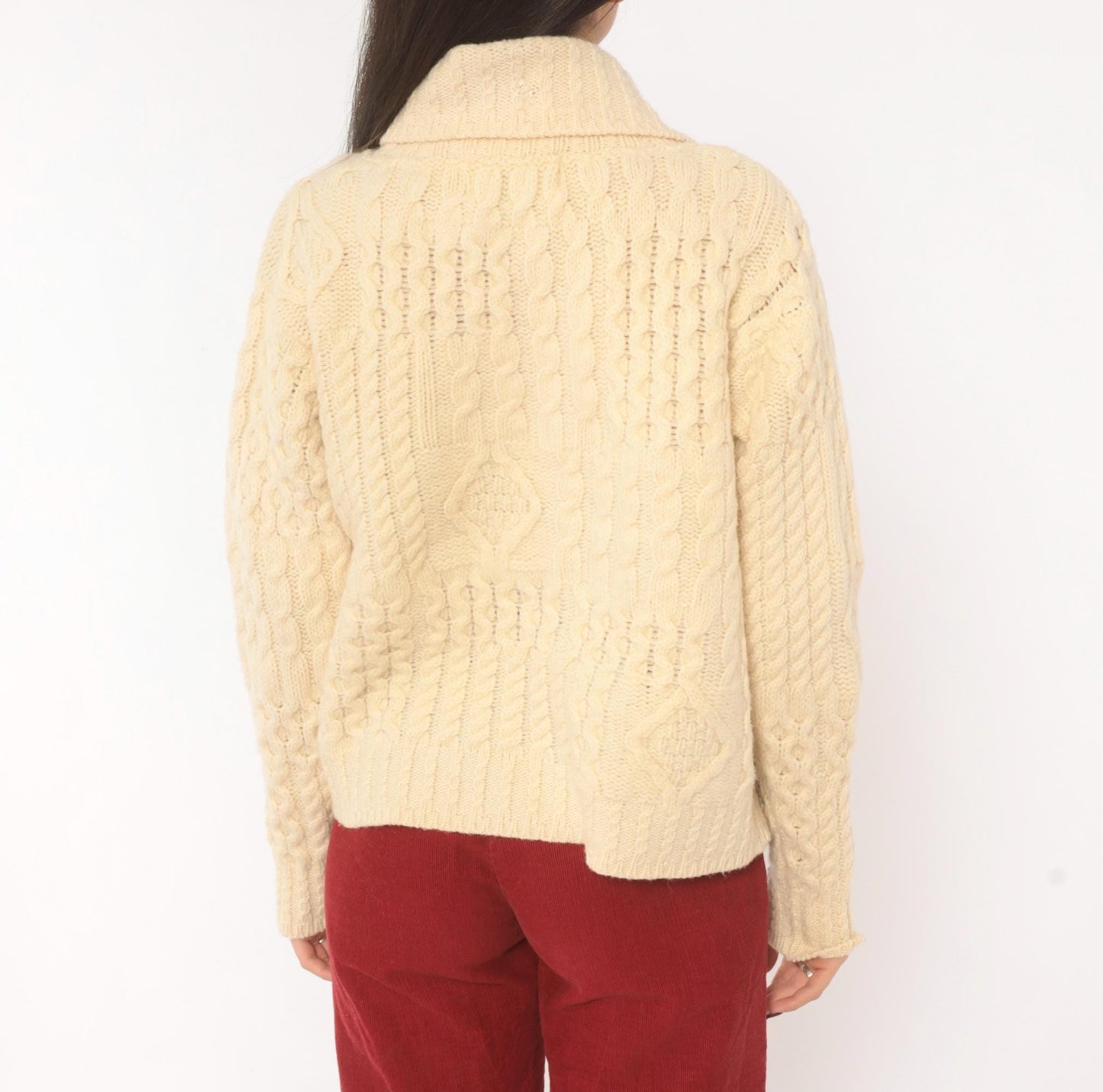 80s Arancrafts Aran Cable Knit Cardigan Cream Wool Shawl Collar Small S