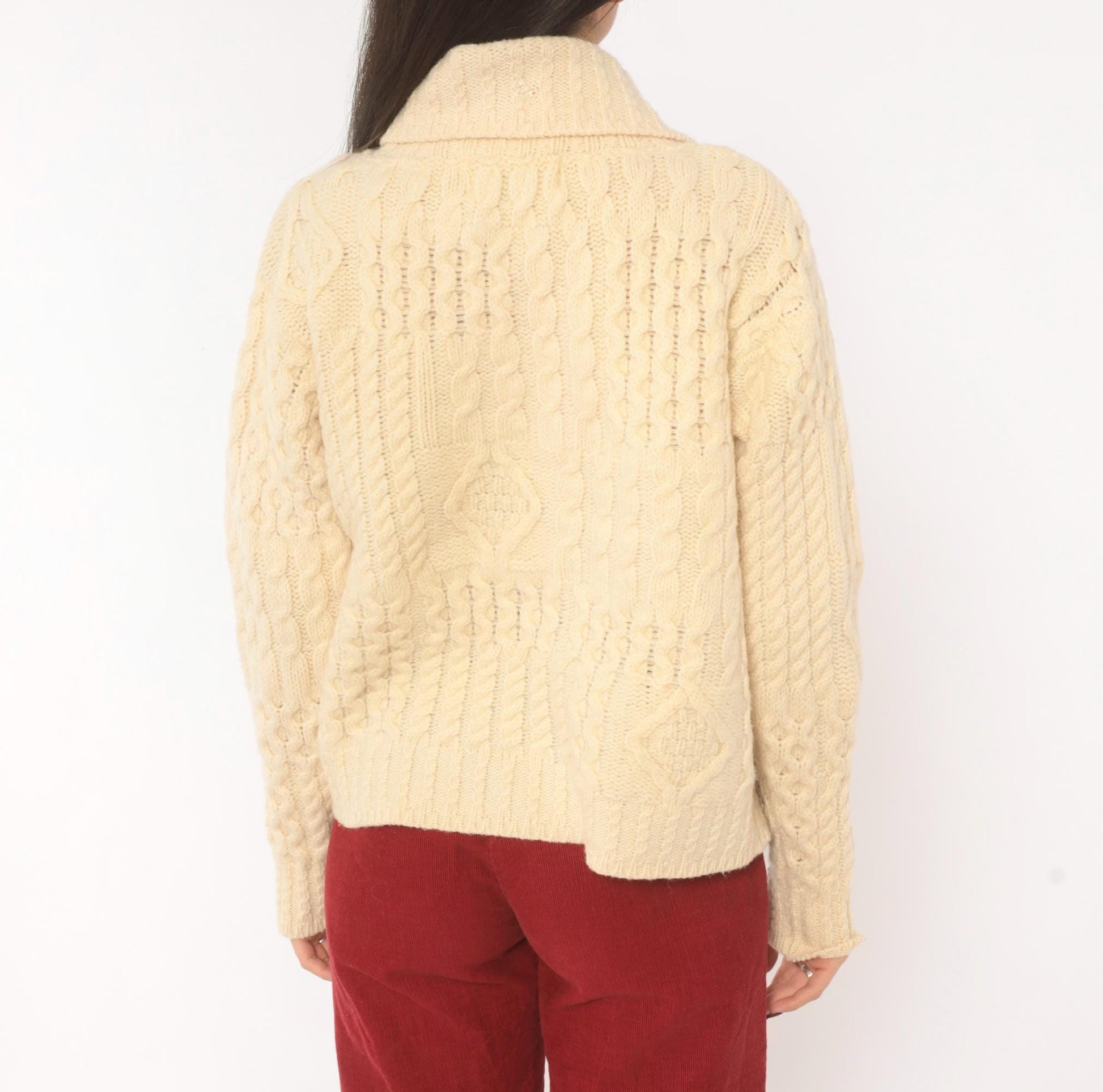 80s Arancrafts Aran Cable Knit Cardigan Cream Wool Shawl Collar Small S