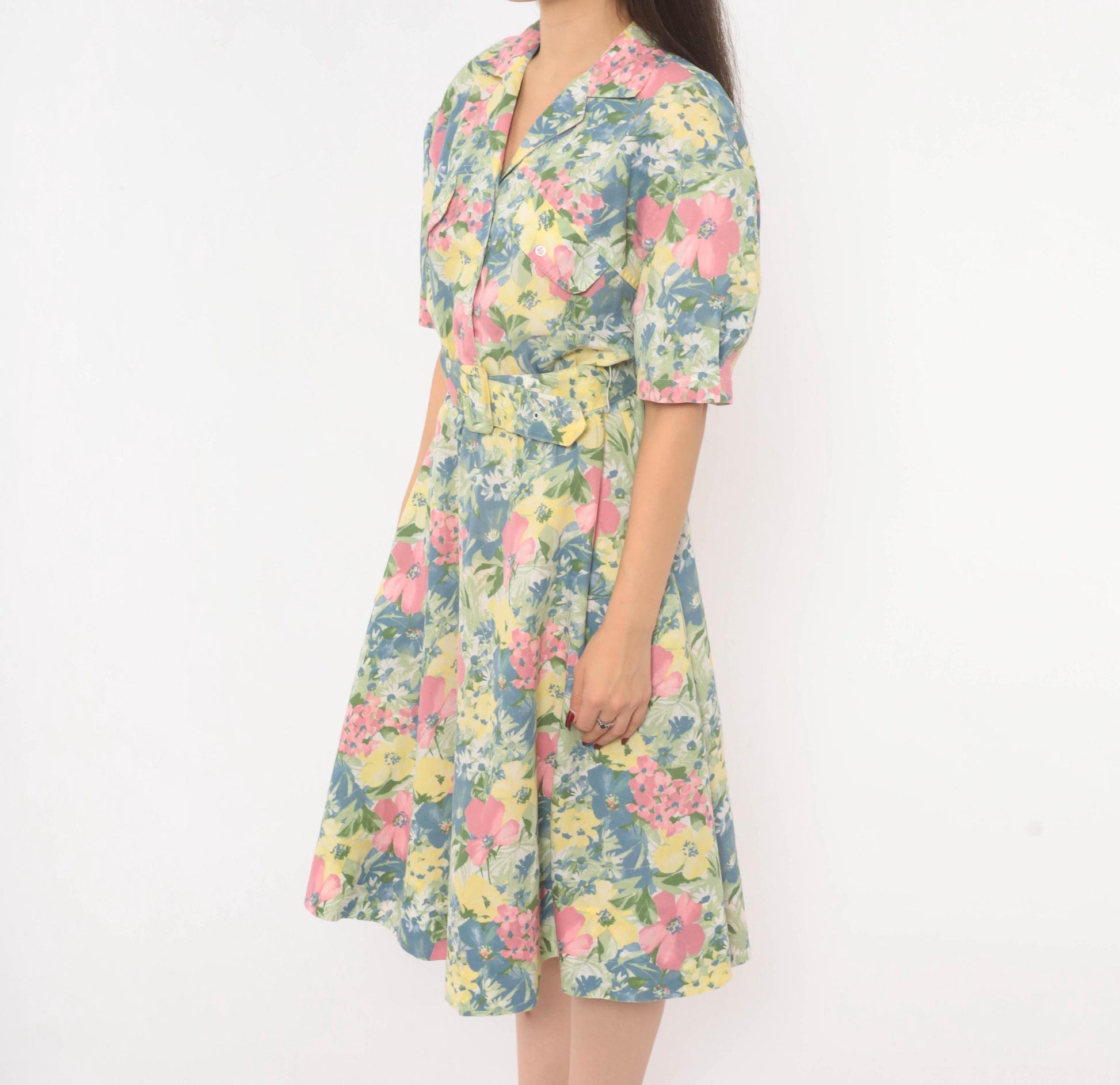 80s Cabrais Floral Midi Shirtdress Puff Sleeve Belted Pink Garden Medium