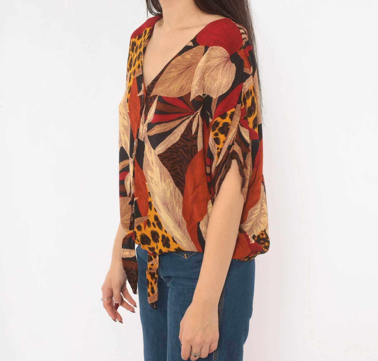 90s Options Melrose Tropical Leopard Button Blouse Tie Front Large L