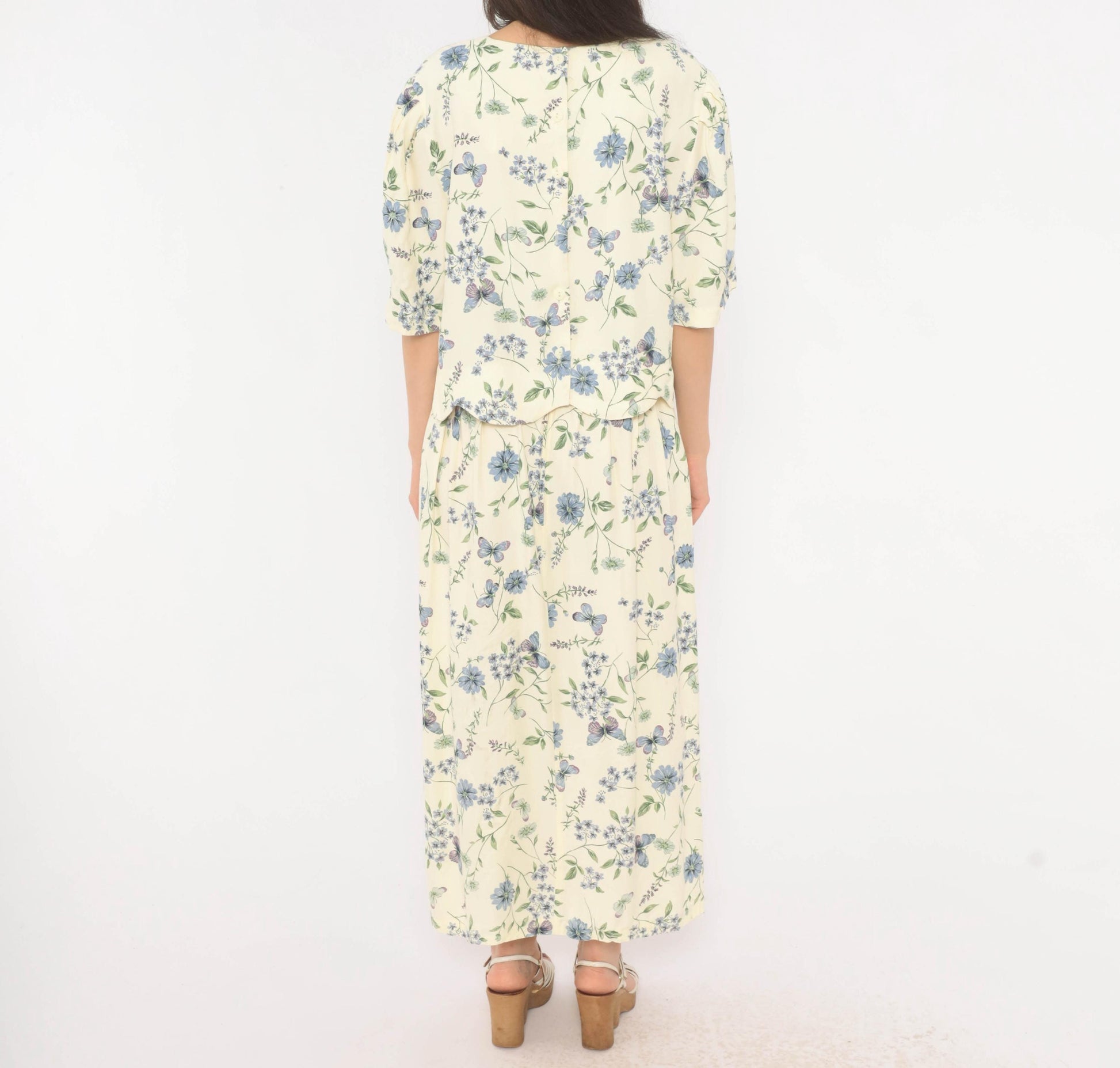 90s SL Fashions Floral Maxi Dress Cream Blue Lavender Peplum Short Sleeve Extra Large XXL
