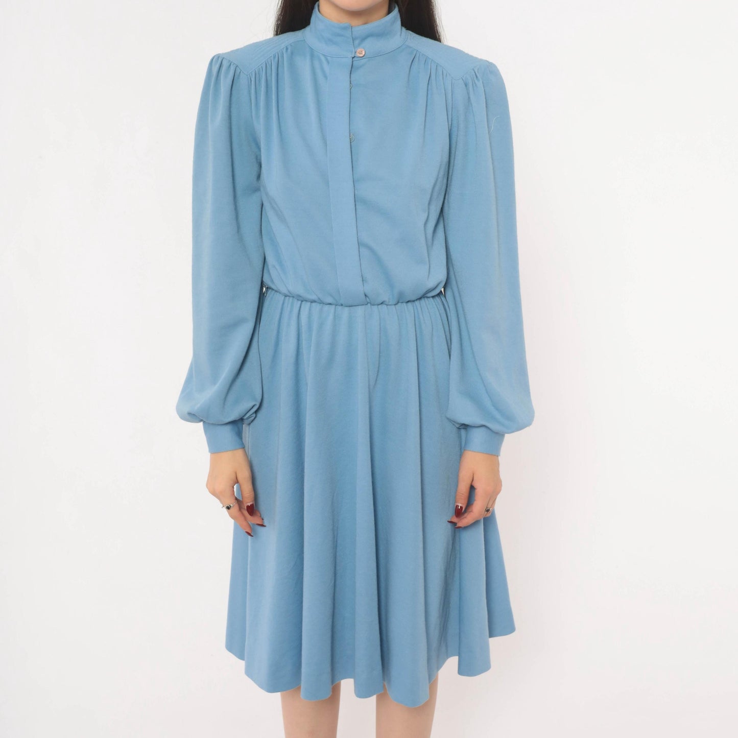 70s Sky Blue Sunshine Alley Dress Bishop Sleeve Quilted Yoke Knee Length Medium M