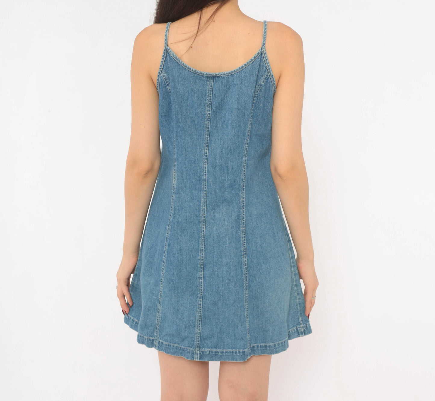 90s Dockers Denim Mini Dress Button Front Spaghetti Strap Blue Small