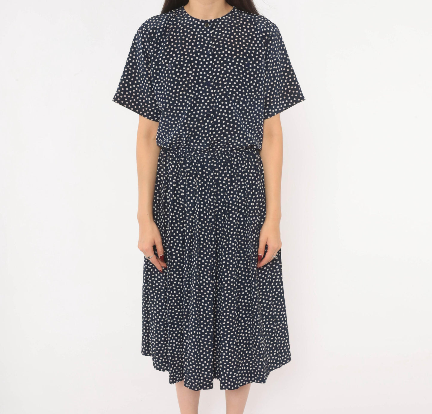 90s Navy Polka Dot Midi Dress Liz Petites Button Front Crew Neck Medium M