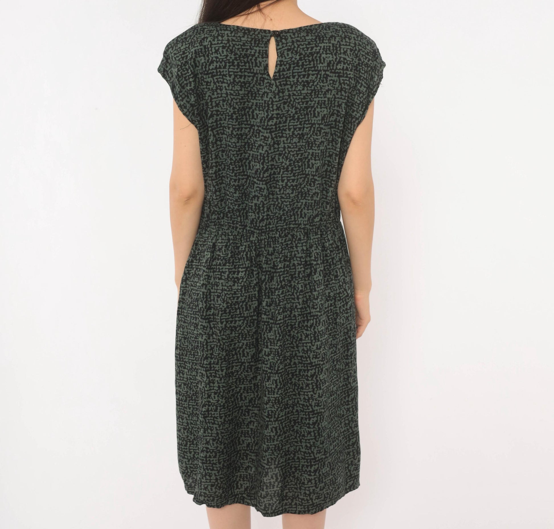 90s Items Abstract Print Dress Olive Black Cap Sleeve Medium M