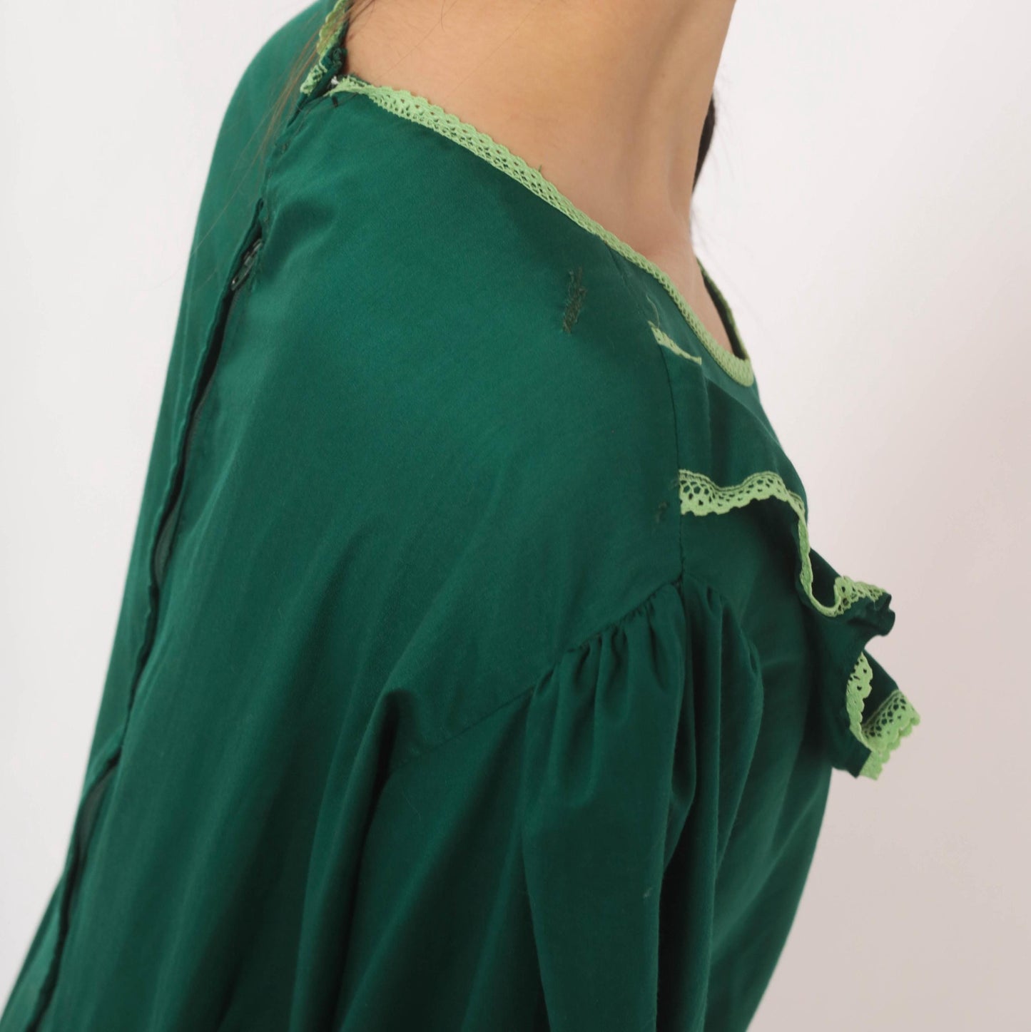 70s Forest Green Prairie Maxi Dress Lace Ruffle Puff Sleeve Large L