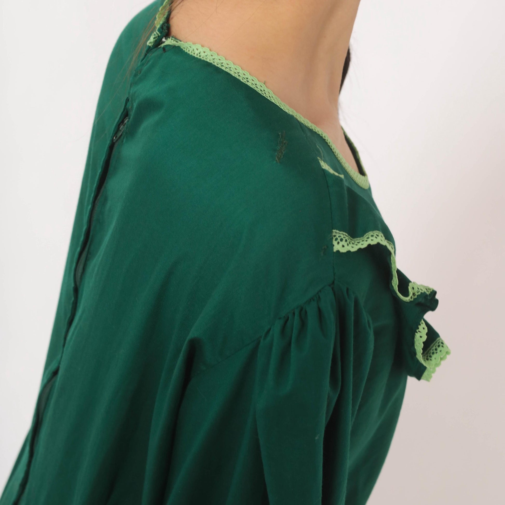 70s Forest Green Prairie Maxi Dress Lace Ruffle Puff Sleeve Large L