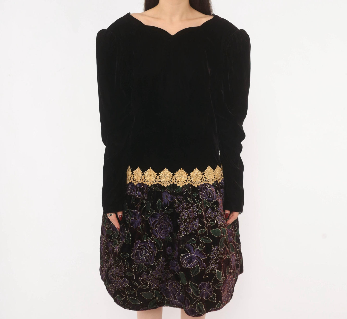 90s Scott Mcclintock Black Velvet Drop Waist Dress Purple Floral Open Back Large