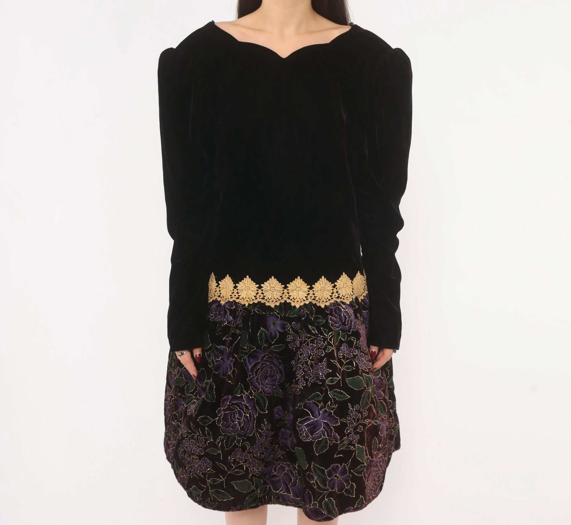 90s Scott Mcclintock Black Velvet Drop Waist Dress Purple Floral Open Back Large