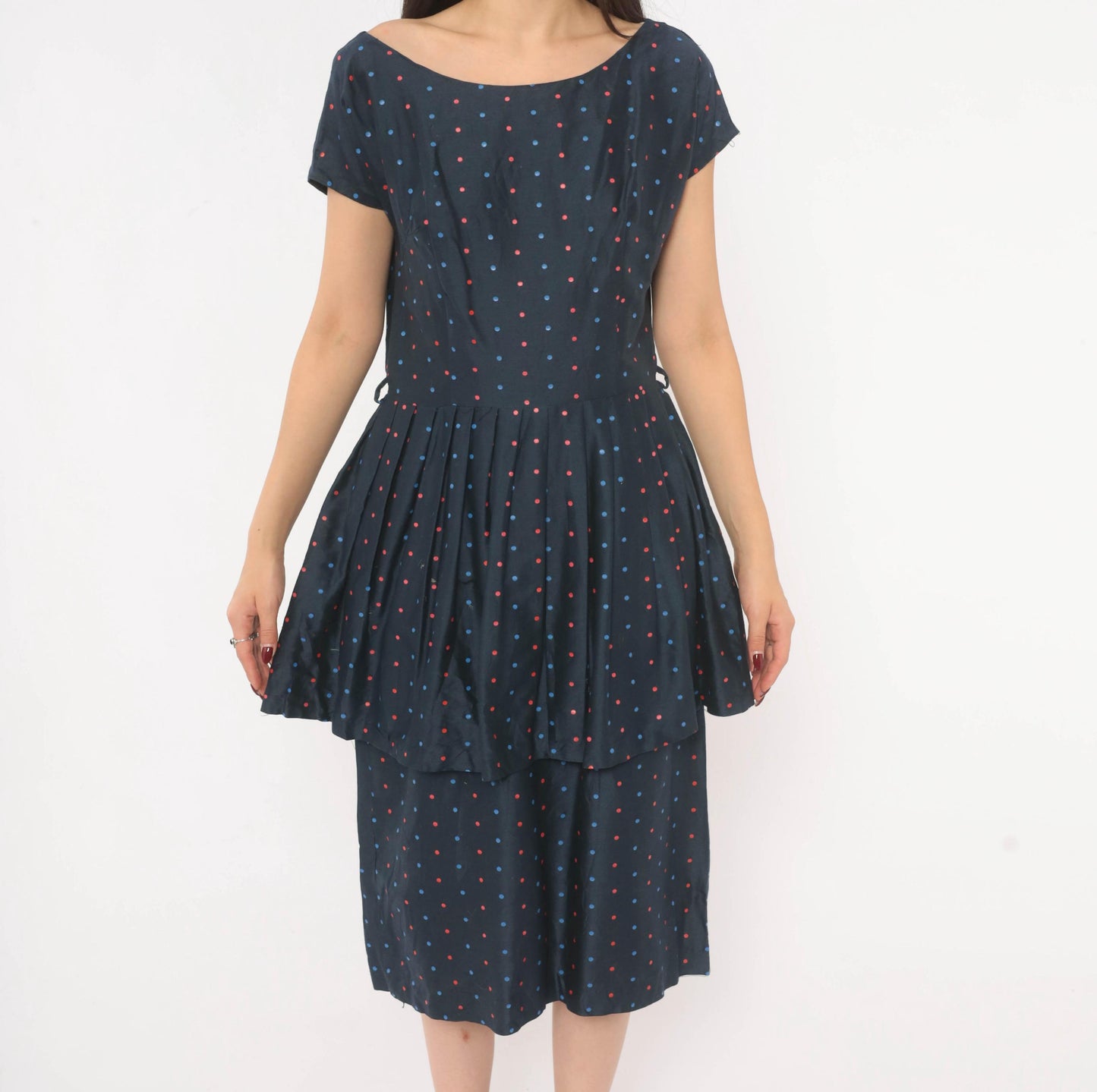 60s Navy Polka Dot Peplum Dress Red Blue Cap Sleeve Fitted Waist Medium M