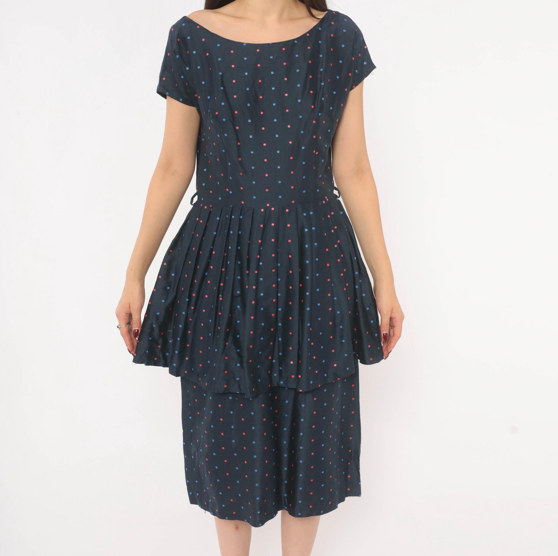 60s Navy Polka Dot Peplum Dress Red Blue Cap Sleeve Fitted Waist Medium M