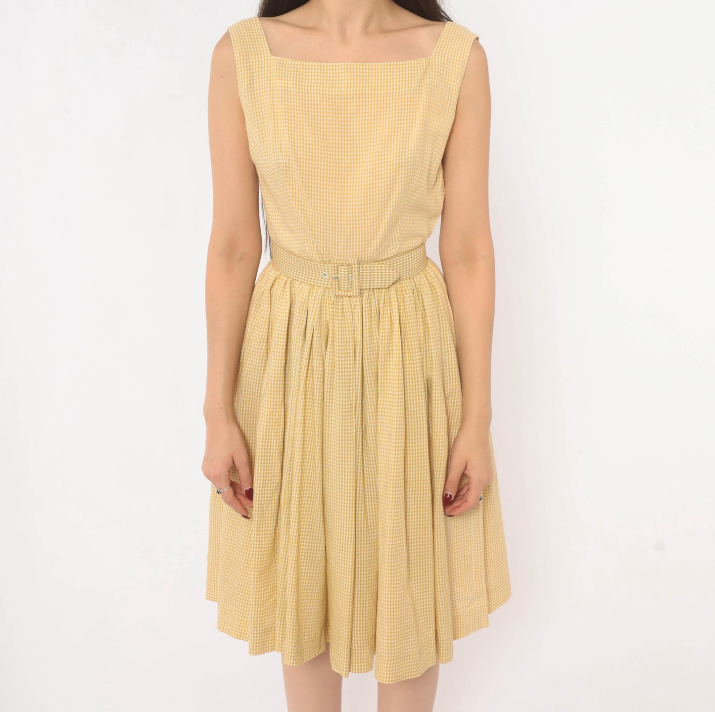 1950s P.S. Andrews Co Gingham Sundress Yellow White Cotton Fit Flare Extra Small XS