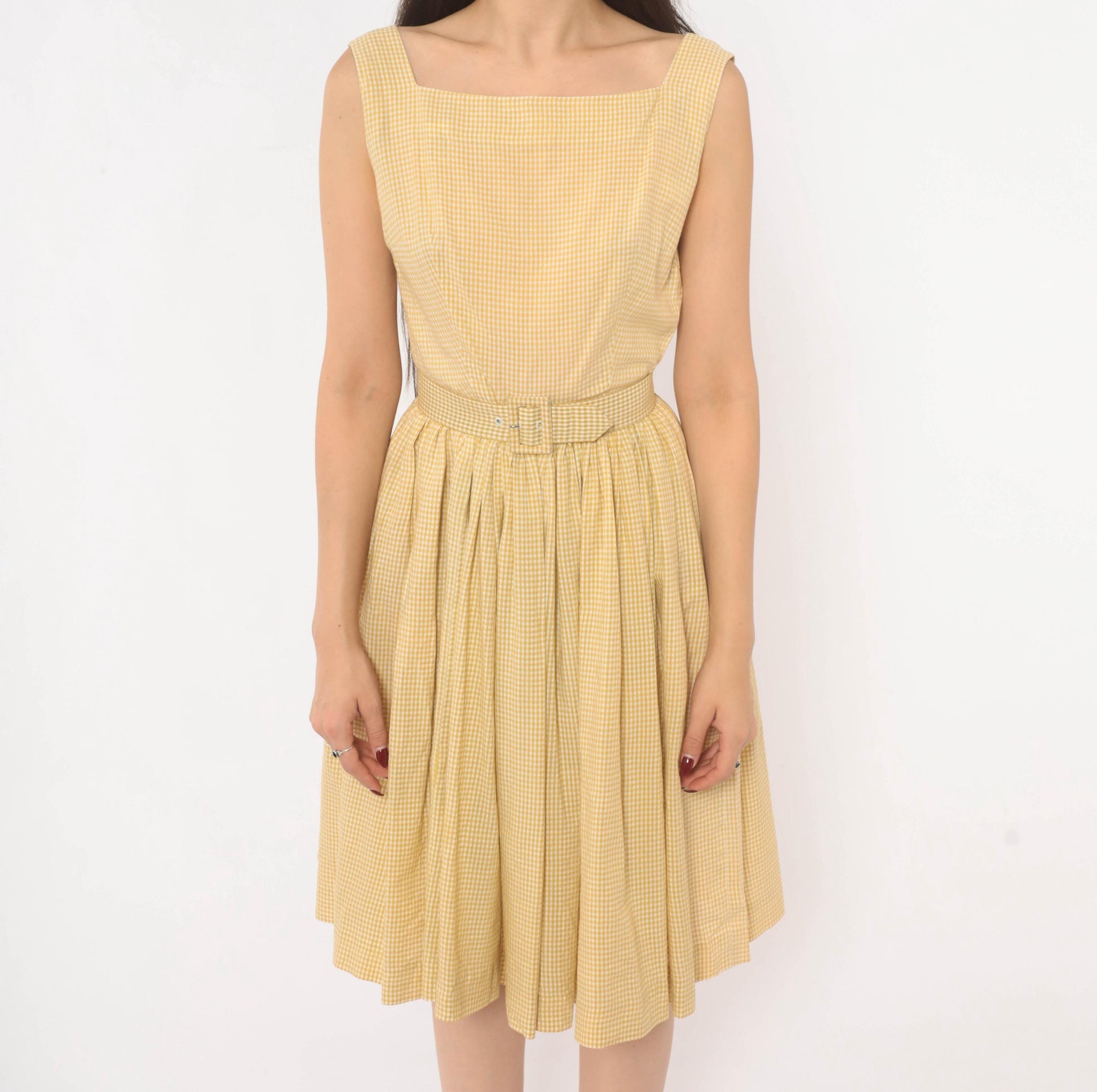 1950s P.S. Andrews Co Gingham Sundress Yellow White Cotton Fit Flare Extra Small XS