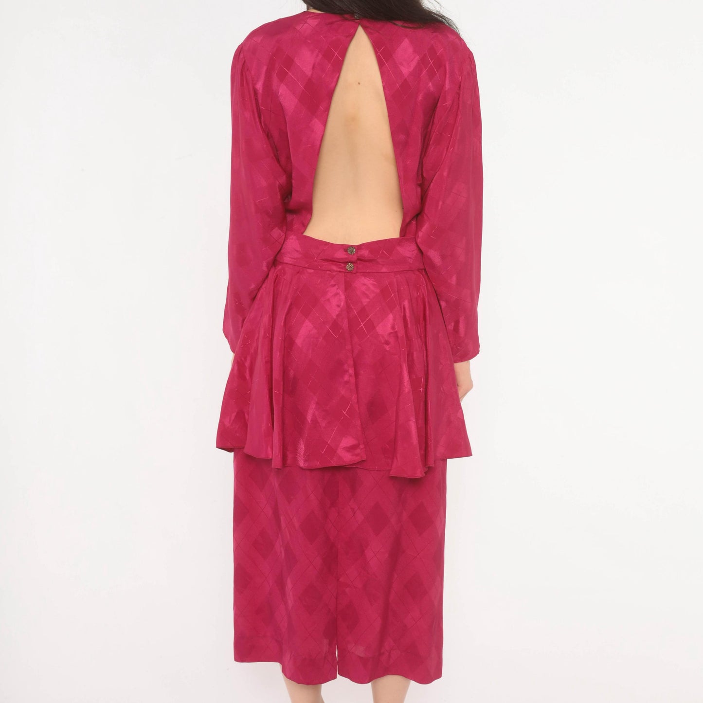 80s Fuchsia Peplum Midi Dress Open Back Jacquard Long Sleeve Large L