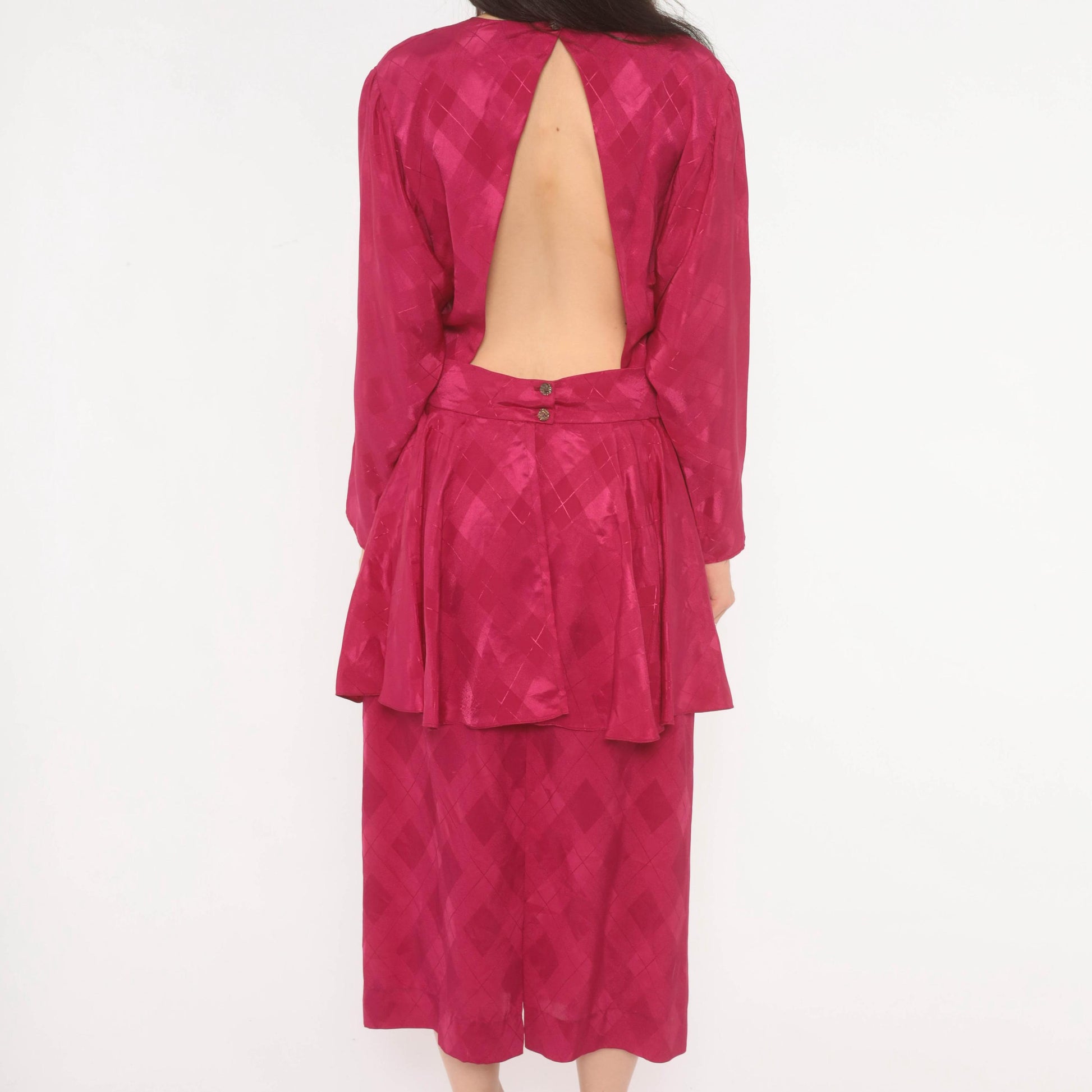 80s Fuchsia Peplum Midi Dress Open Back Jacquard Long Sleeve Large L