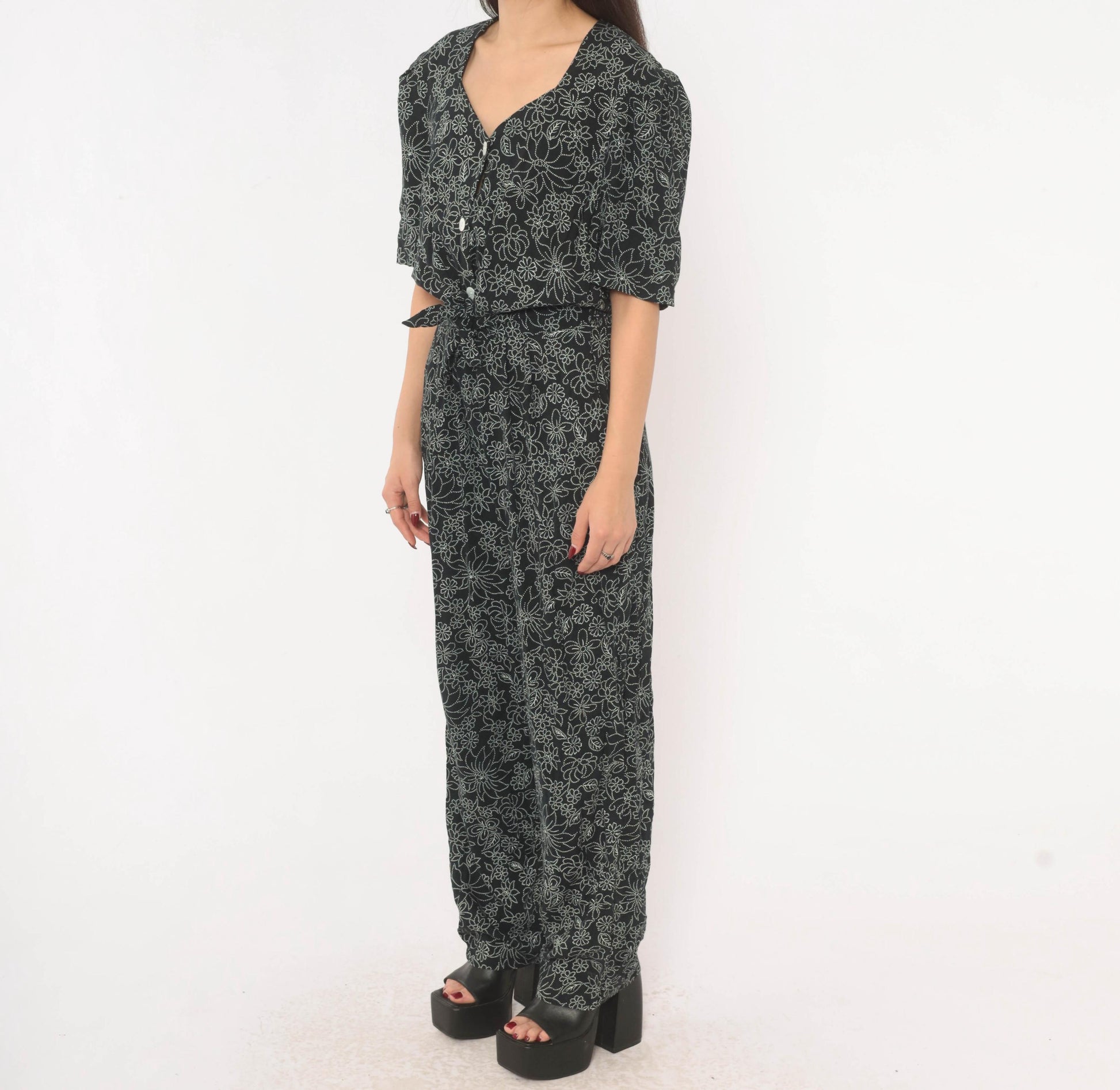 90s Molly Malloy Floral Jumpsuit Black White Dotted Print V Neck Small