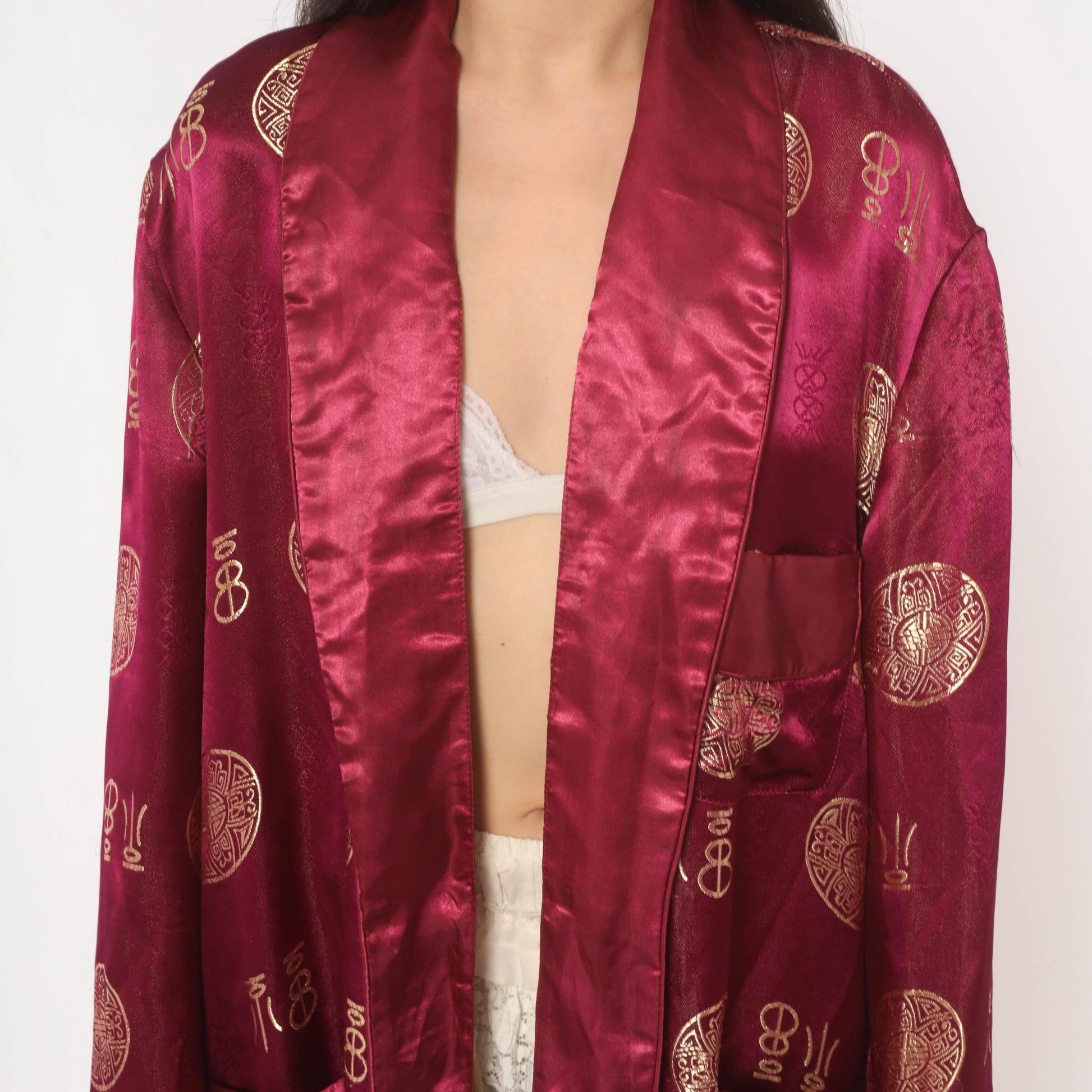 90s Magenta Satin Robe Gold Jacquard Medallion Kimono Maxi Duster Large L