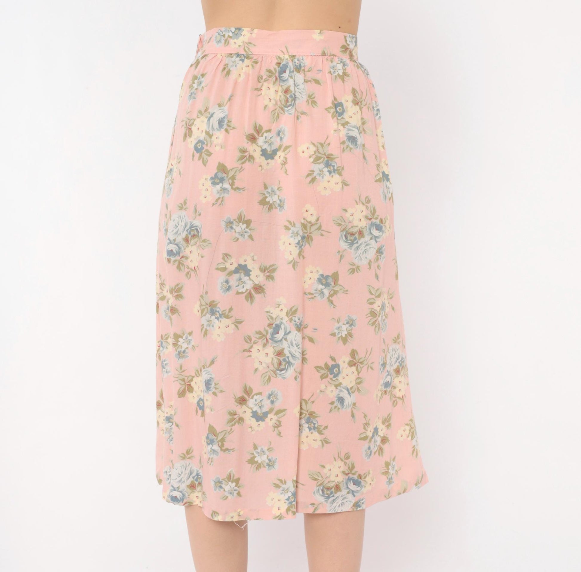 90s Russ Petites Floral Pleated Skirt Pink Rose Blue Cotton A-Line Medium