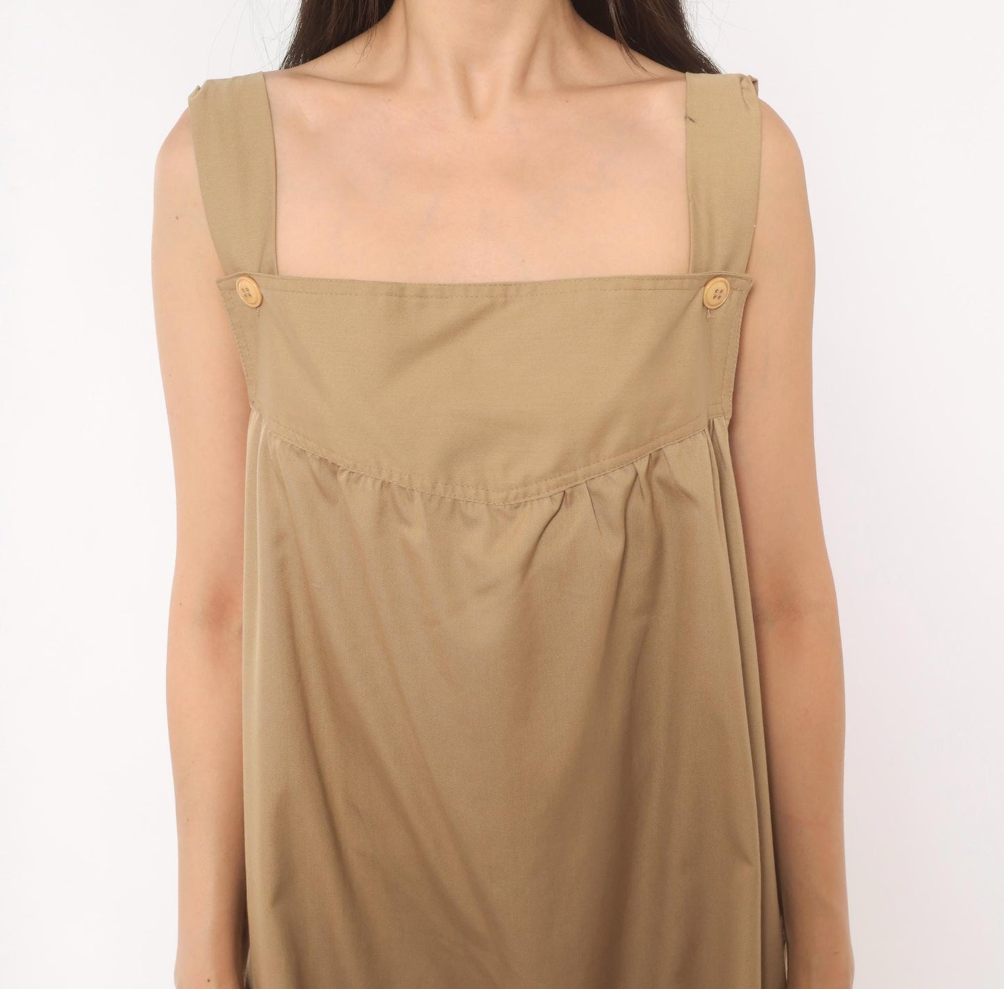 80s Tan Cotton Jumper Dress Square Neck Button Strap Midi Pinafore Large L