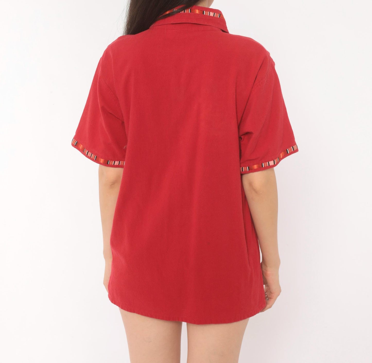 90s Red Cotton Lace-Up Tunic Shirt Southwestern Woven Trim Tassels Medium