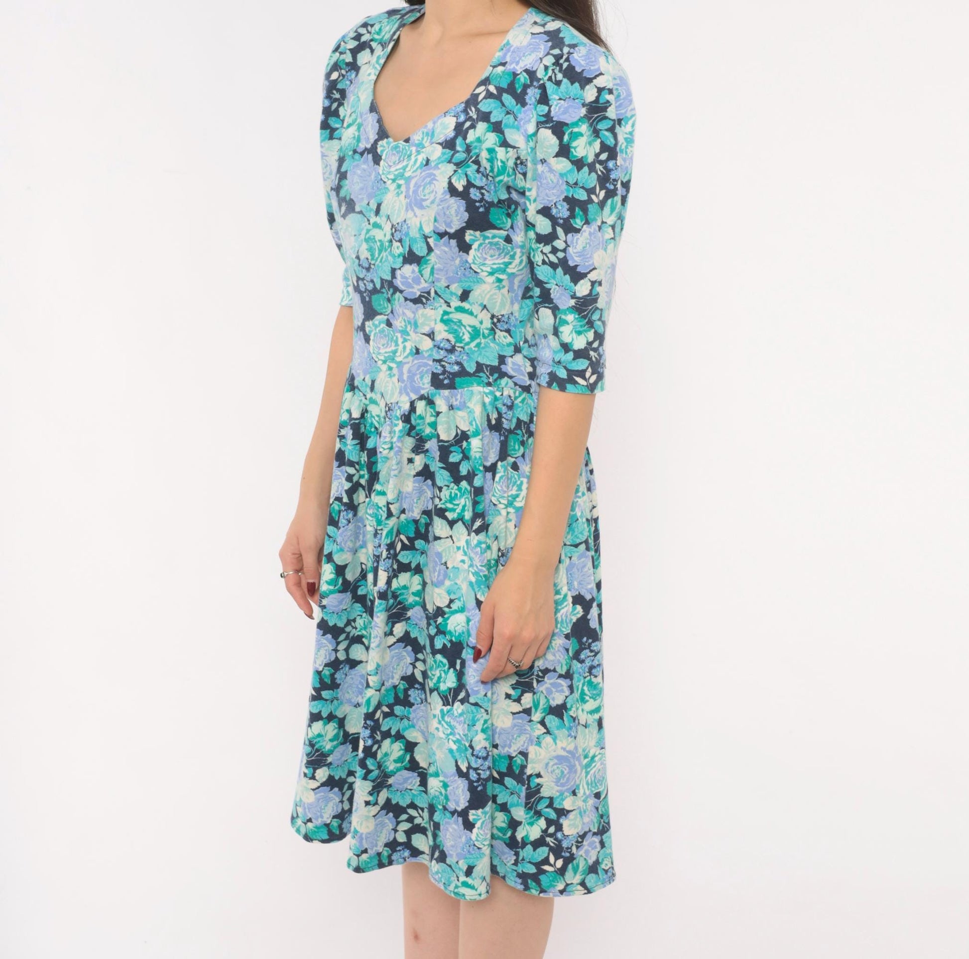 80s Stash Floral Dress Rose Print Sweetheart Neckline Puff Sleeve Navy Extra Small XS