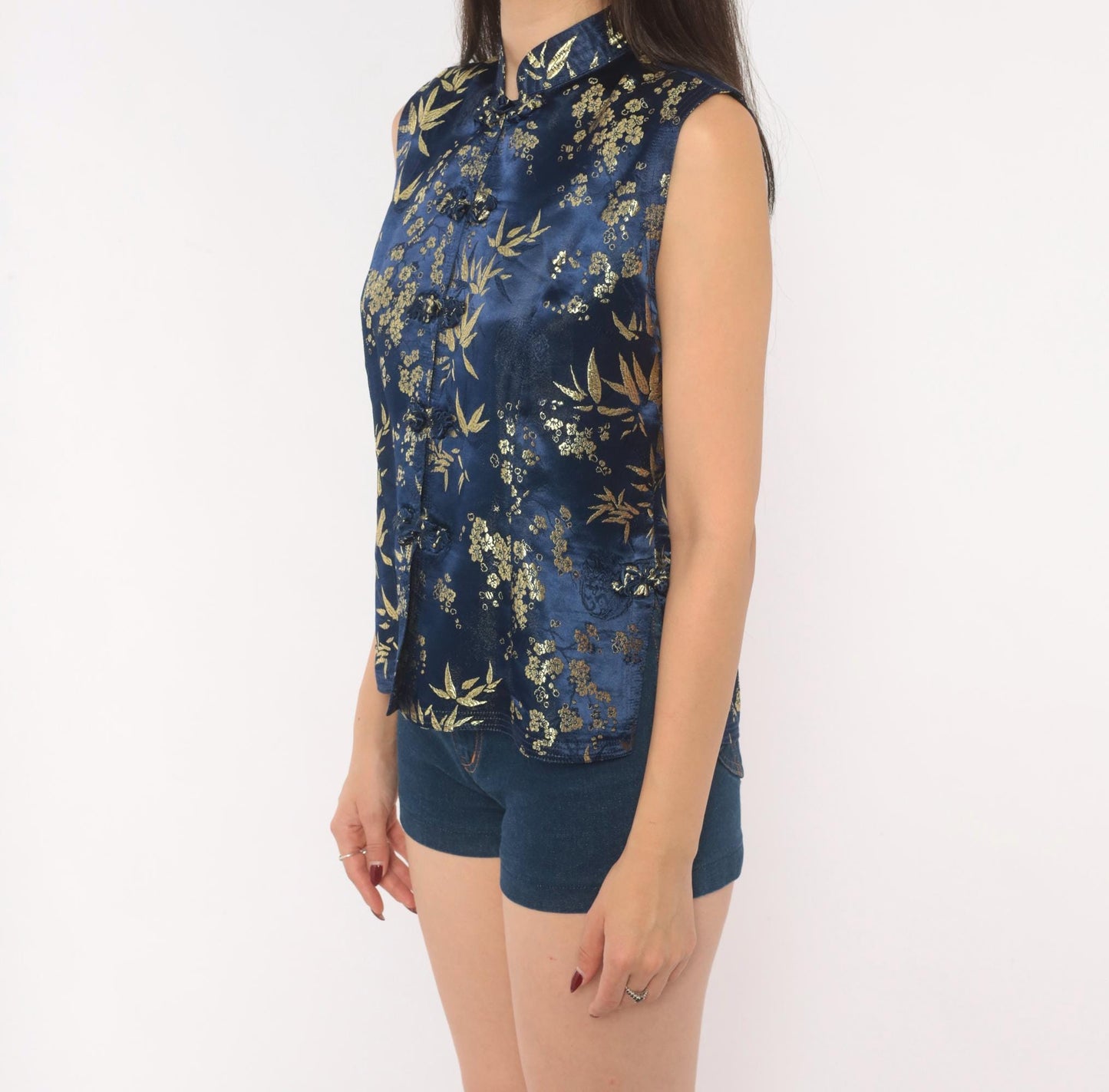 90s Navy Silk Cheongsam Vest Gold Bamboo Brocade Mandarin Collar Small S