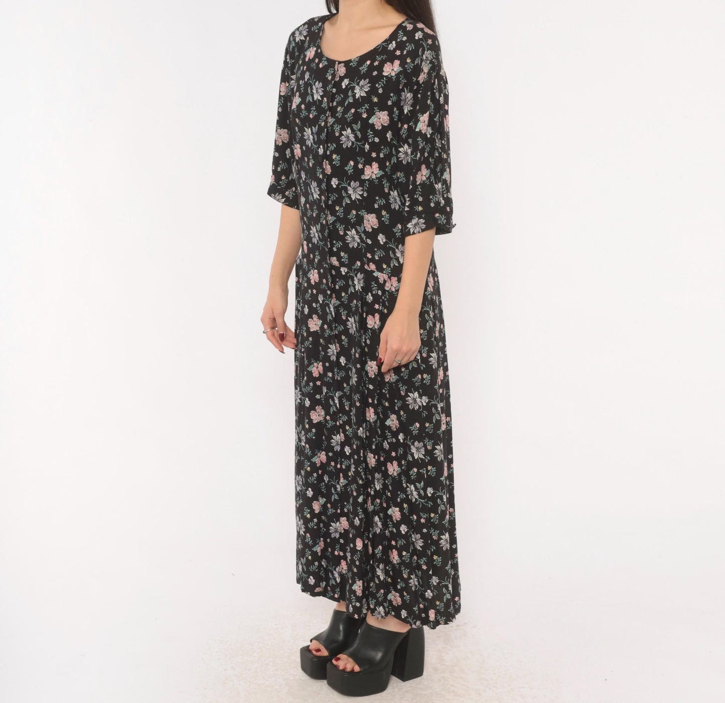 Y2K Putumayo Black Floral Maxi Dress Pink Lavender Button Front Large L
