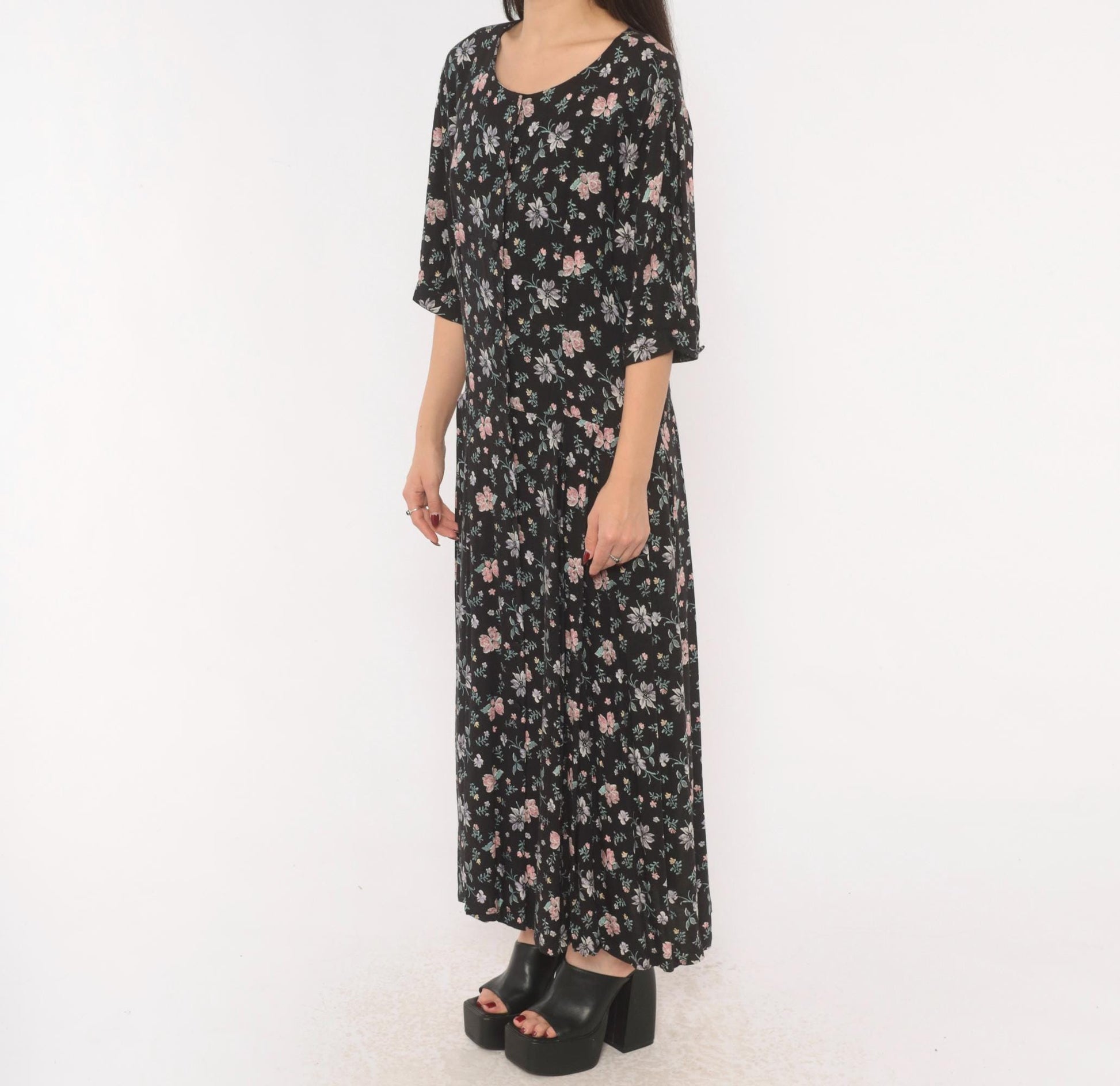Y2K Putumayo Black Floral Maxi Dress Pink Lavender Button Front Large L