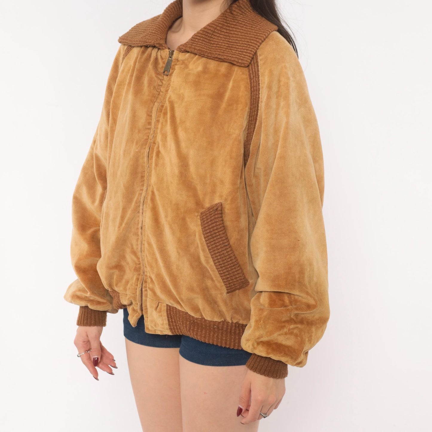 70s Corduroy Bomber Jacket Tan Raglan Knit Collar Zip Front Medium