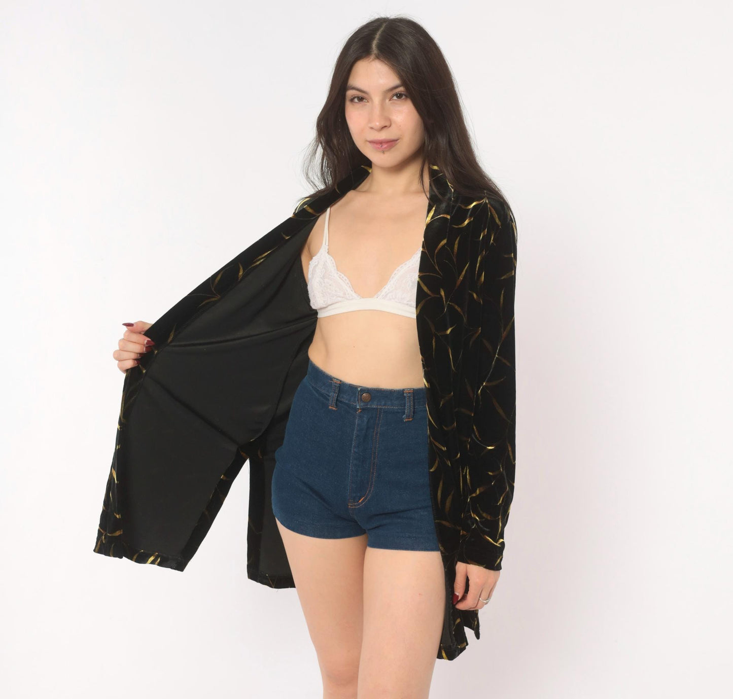 90s Ronni Nicole Black Velvet Duster Gold Leaf Botanical Print Shawl Collar Small Medium