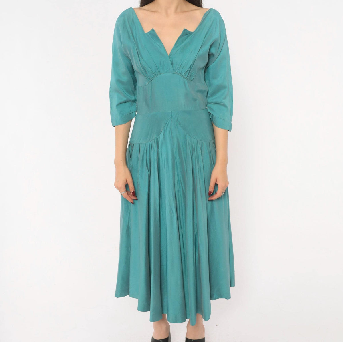 1940s Teal Dress V-Neck Three Quarter Sleeve Drop Waist Midi Small S