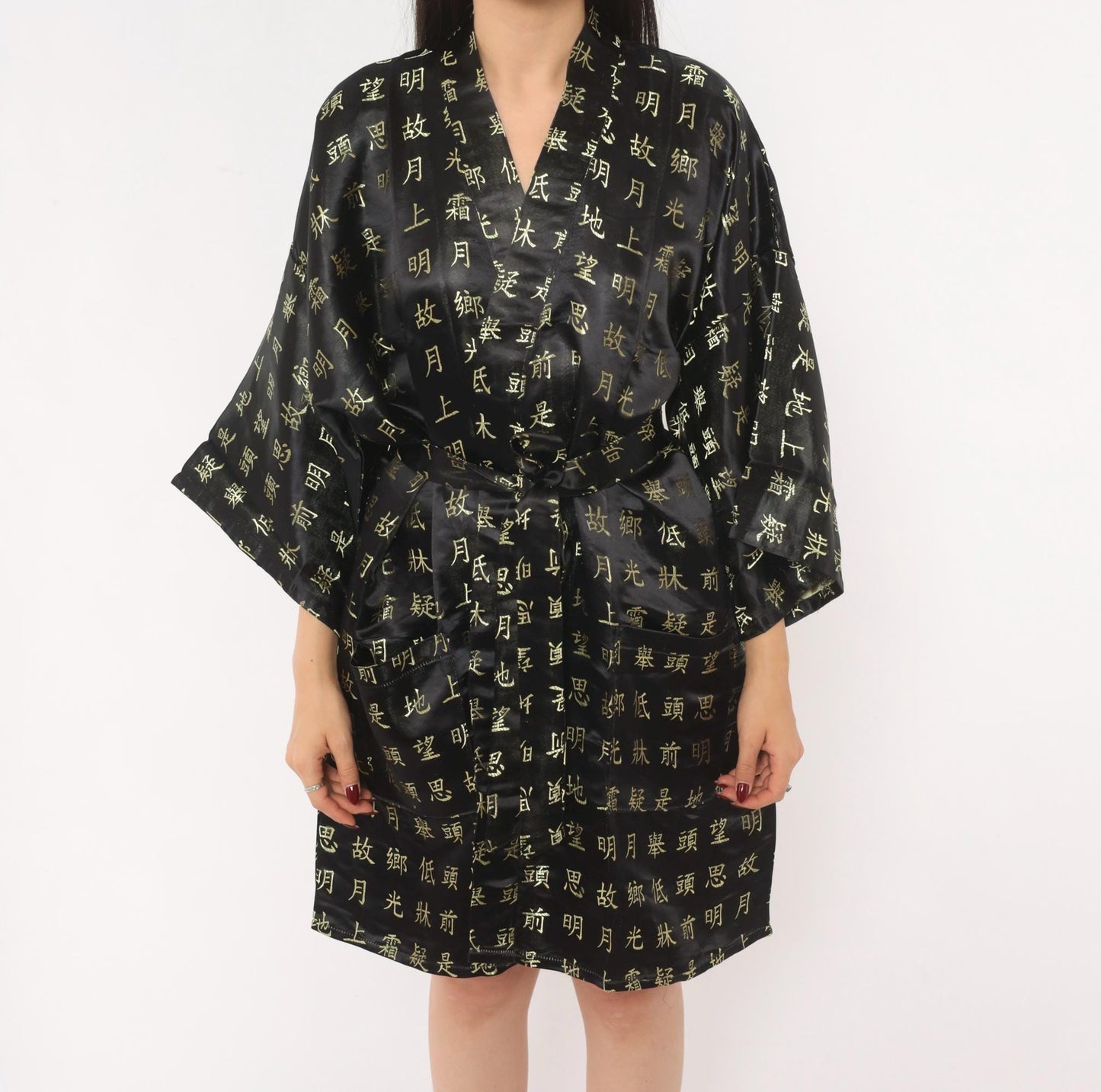 90s Chinese Calligraphy Kimono Robe Black Gold Wrap Tie Front Extra Large