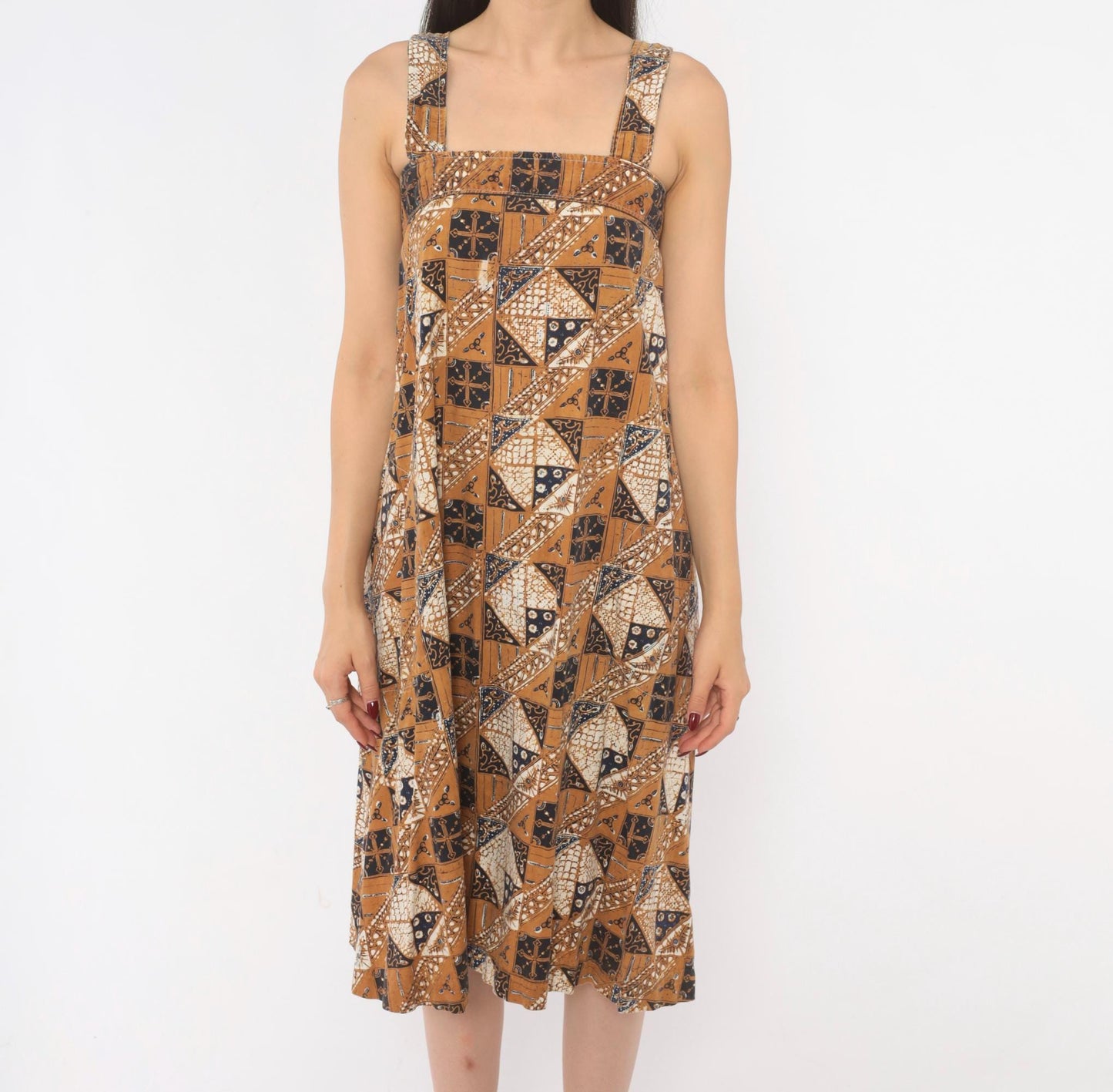 80s Batik Sundress Tan Navy Cotton Square Neck A-Line Knee Length Extra Small