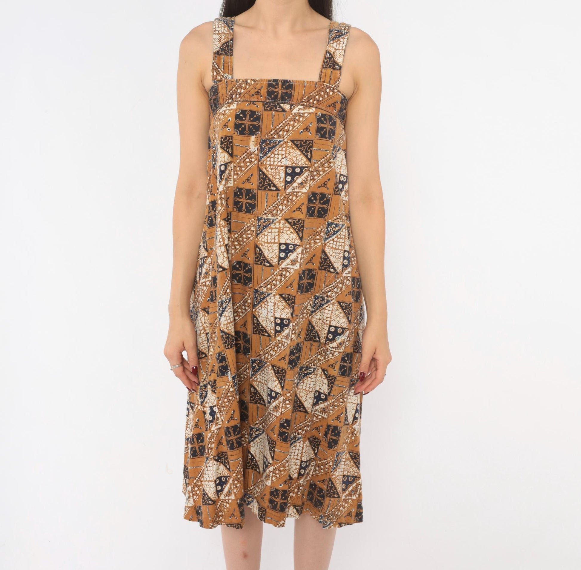 80s Batik Sundress Tan Navy Cotton Square Neck A-Line Knee Length Extra Small