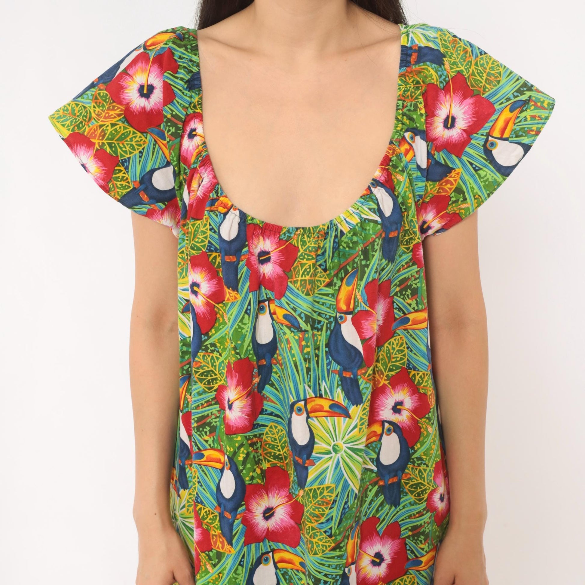 80s Seawind Toucan Hibiscus Midi Dress Flutter Sleeve Cotton Tropical Extra Large