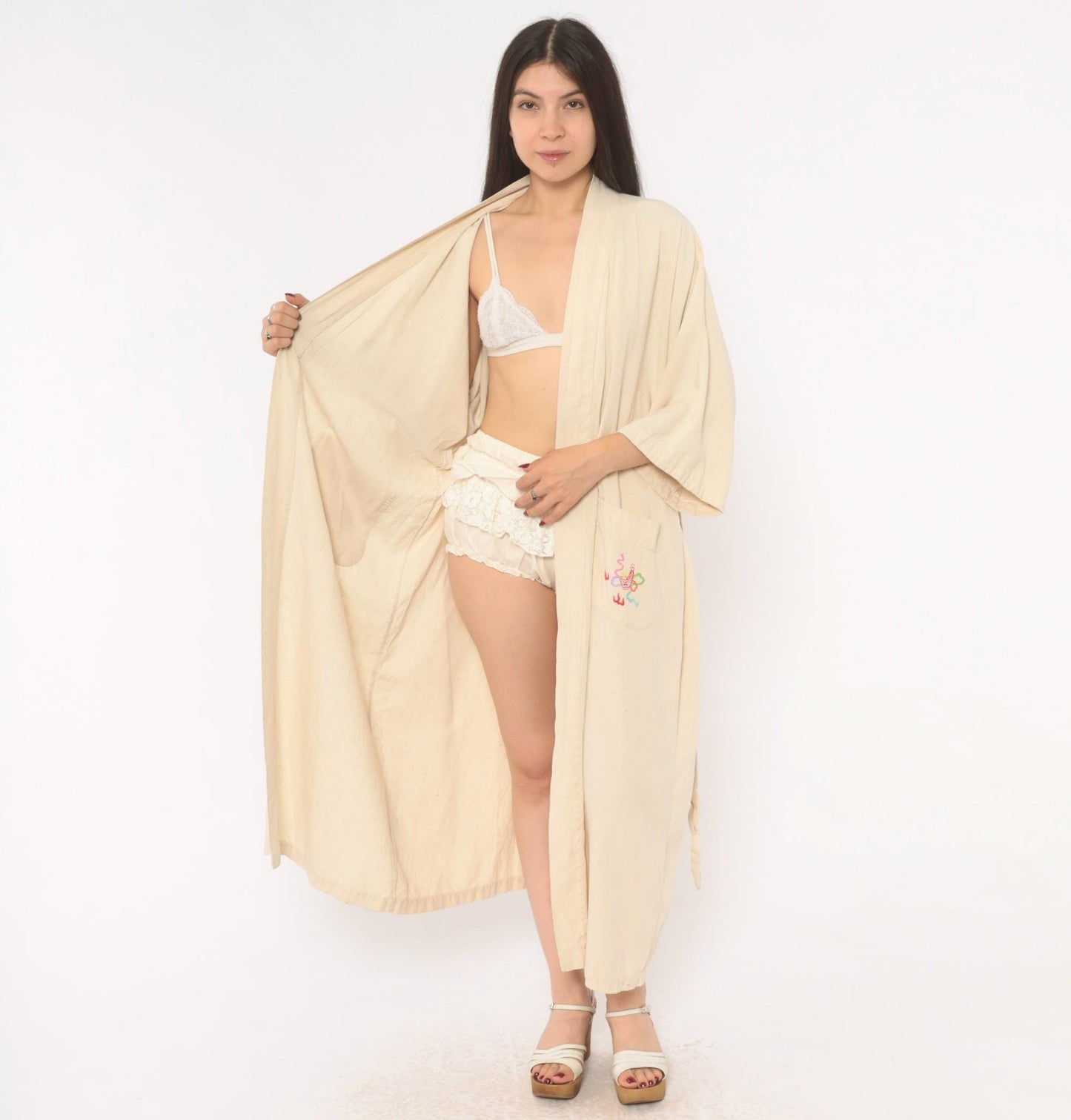 80s Health Silk Kimono Robe Dragon Embroidered Cream Midi Extra Large