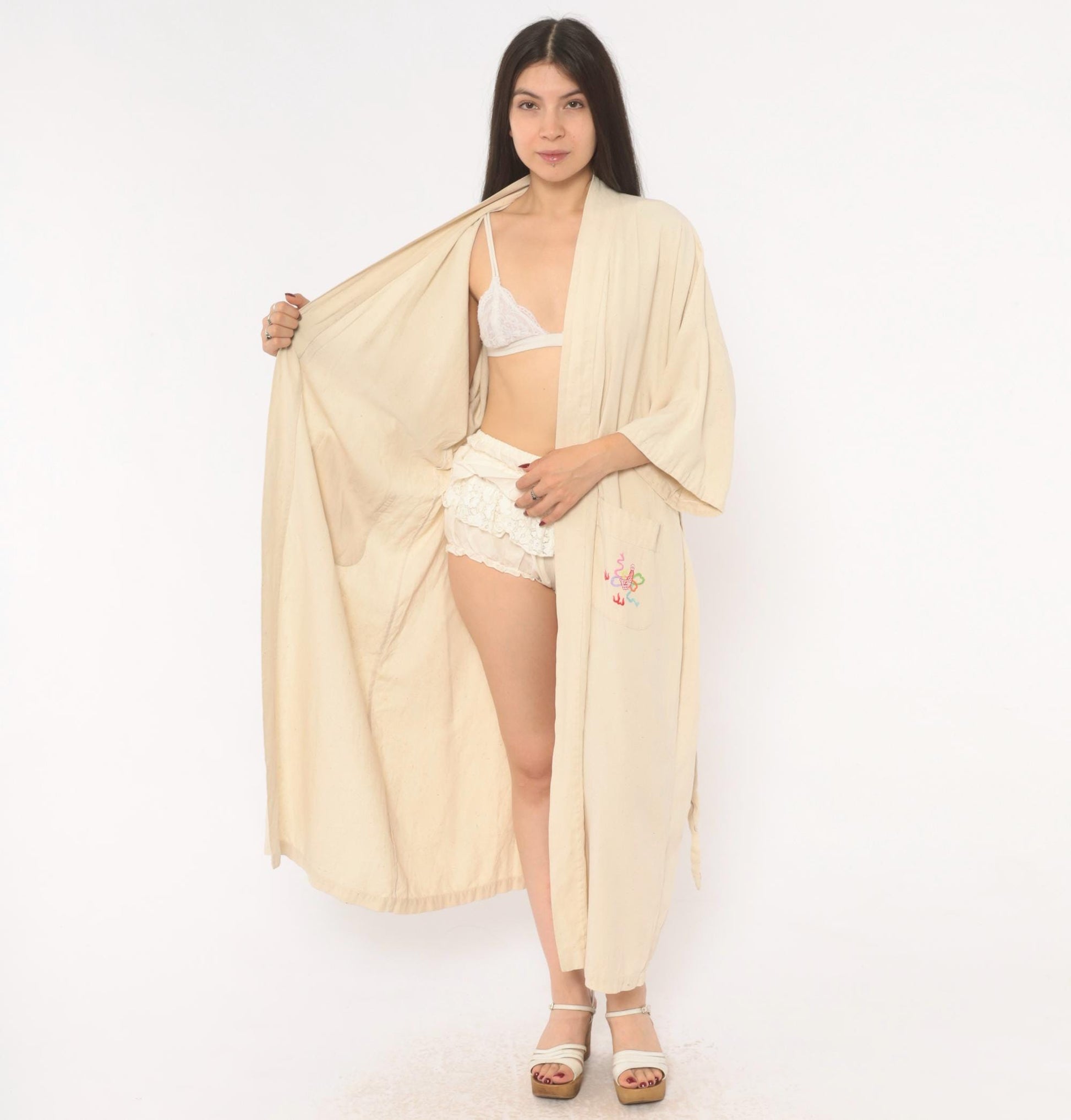 80s Health Silk Kimono Robe Dragon Embroidered Cream Midi Extra Large