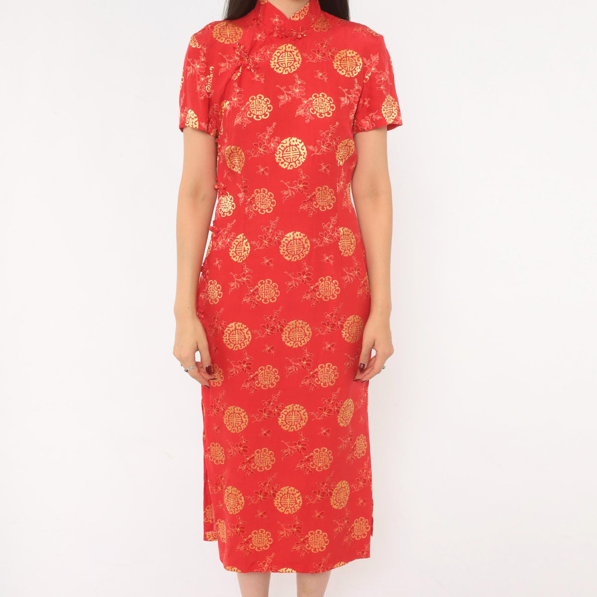 80s Red Gold Cheongsam Midi Dress Mandarin Collar Frog Button Small